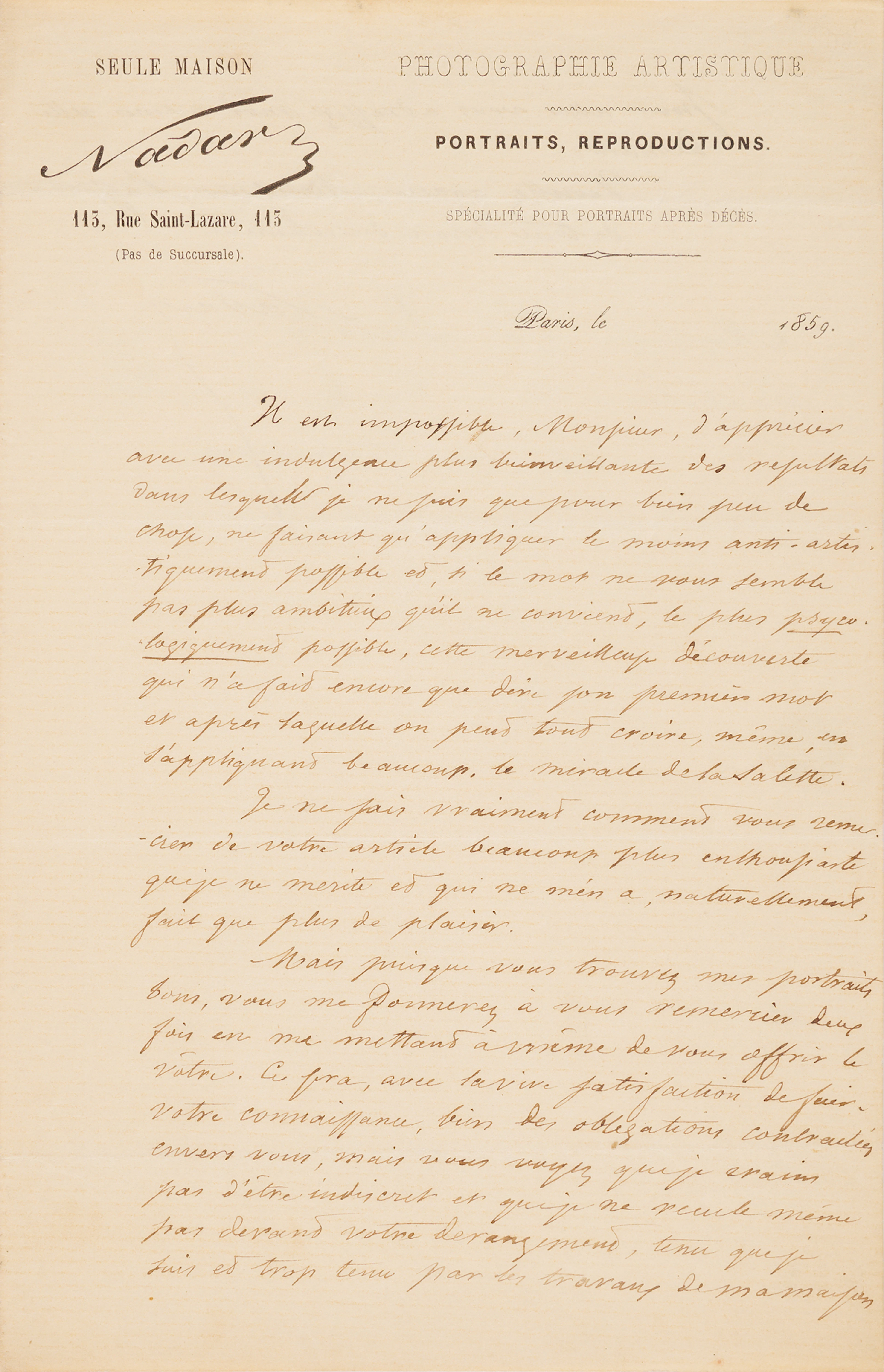 Nadar Autograph Letter Signed