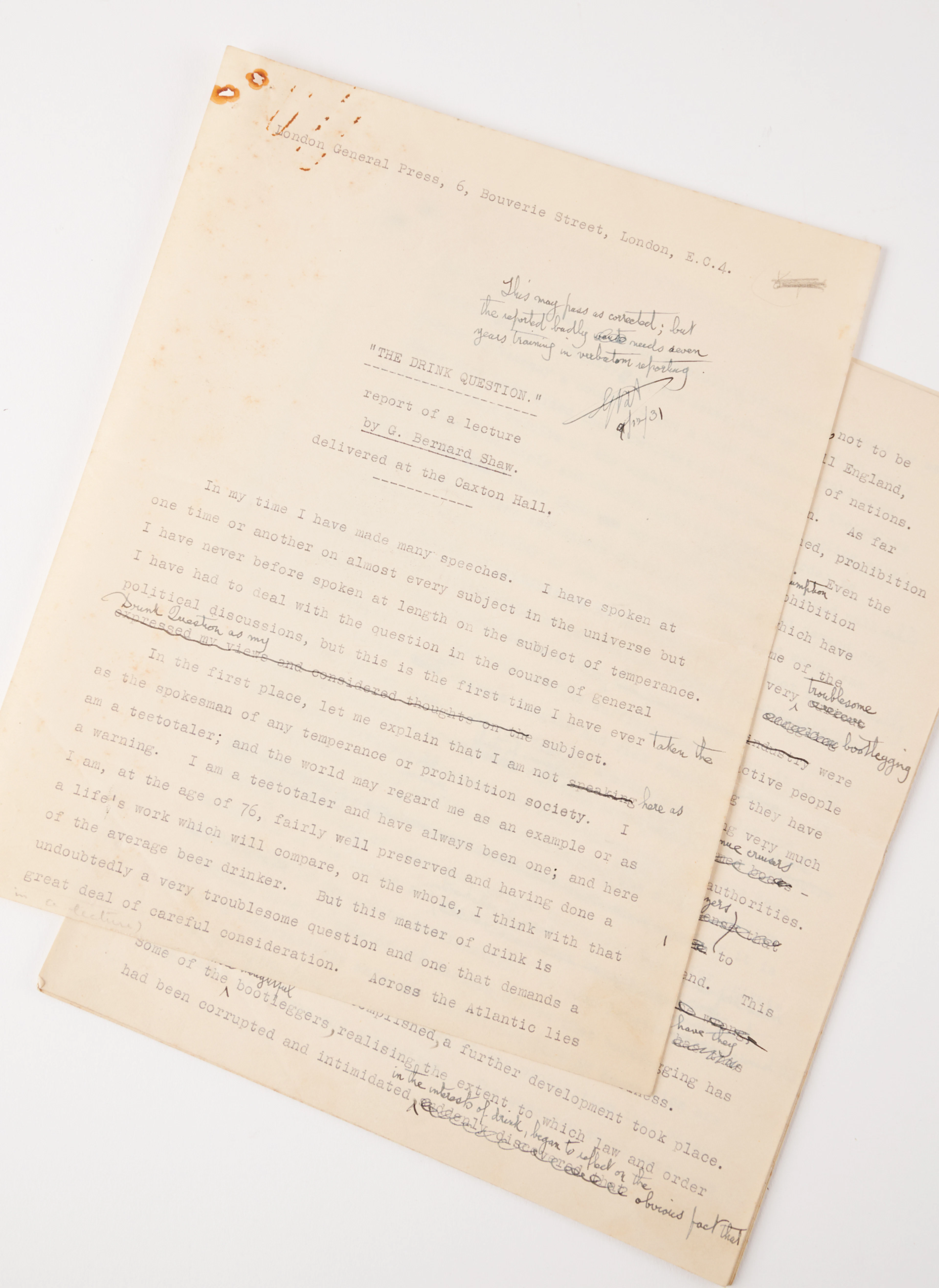 George Bernard Shaw Hand-Corrected Typed Lecture Signed: "The Drink Question"