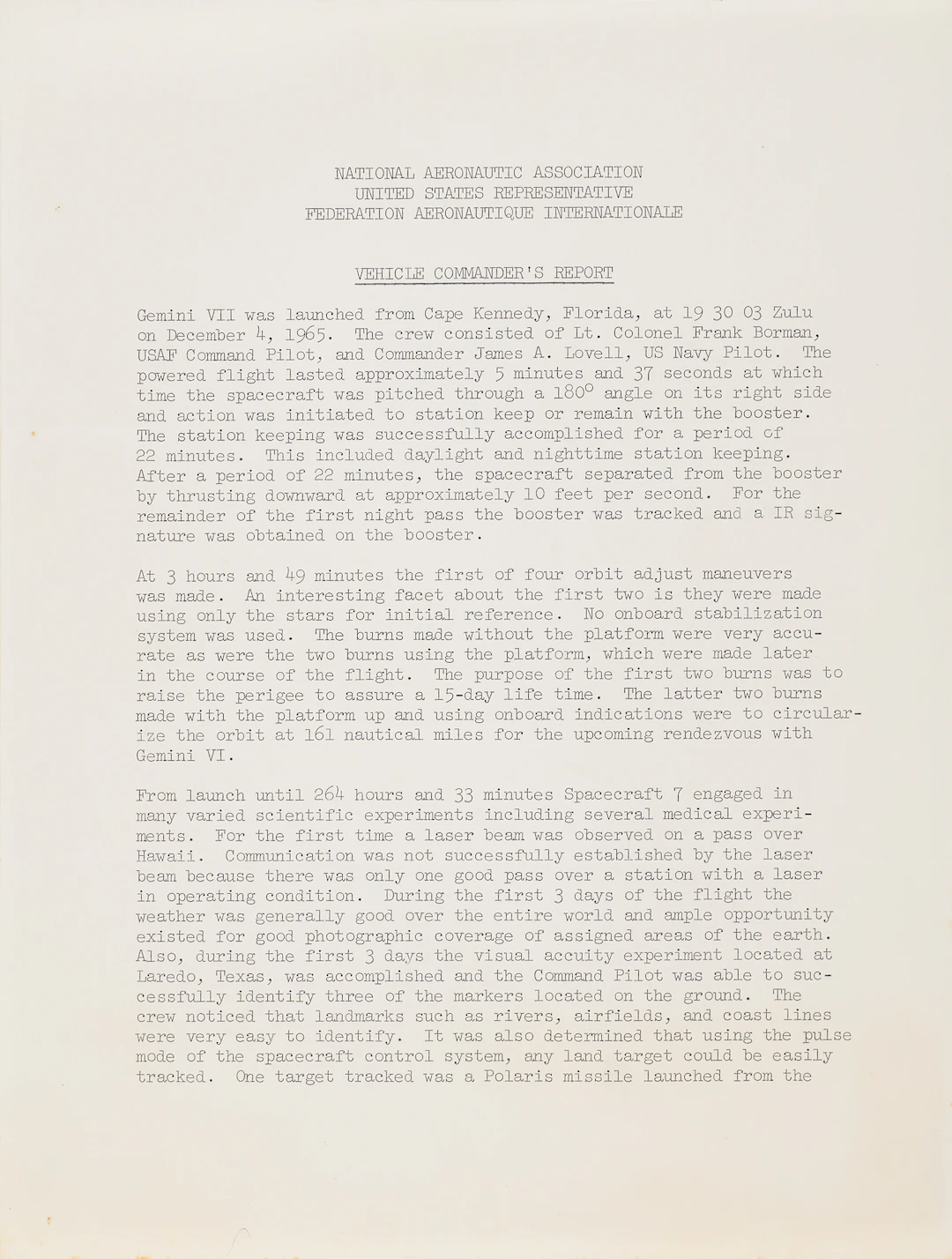 Frank Borman Signed Gemini 7 Flight Report - Issued to the National
