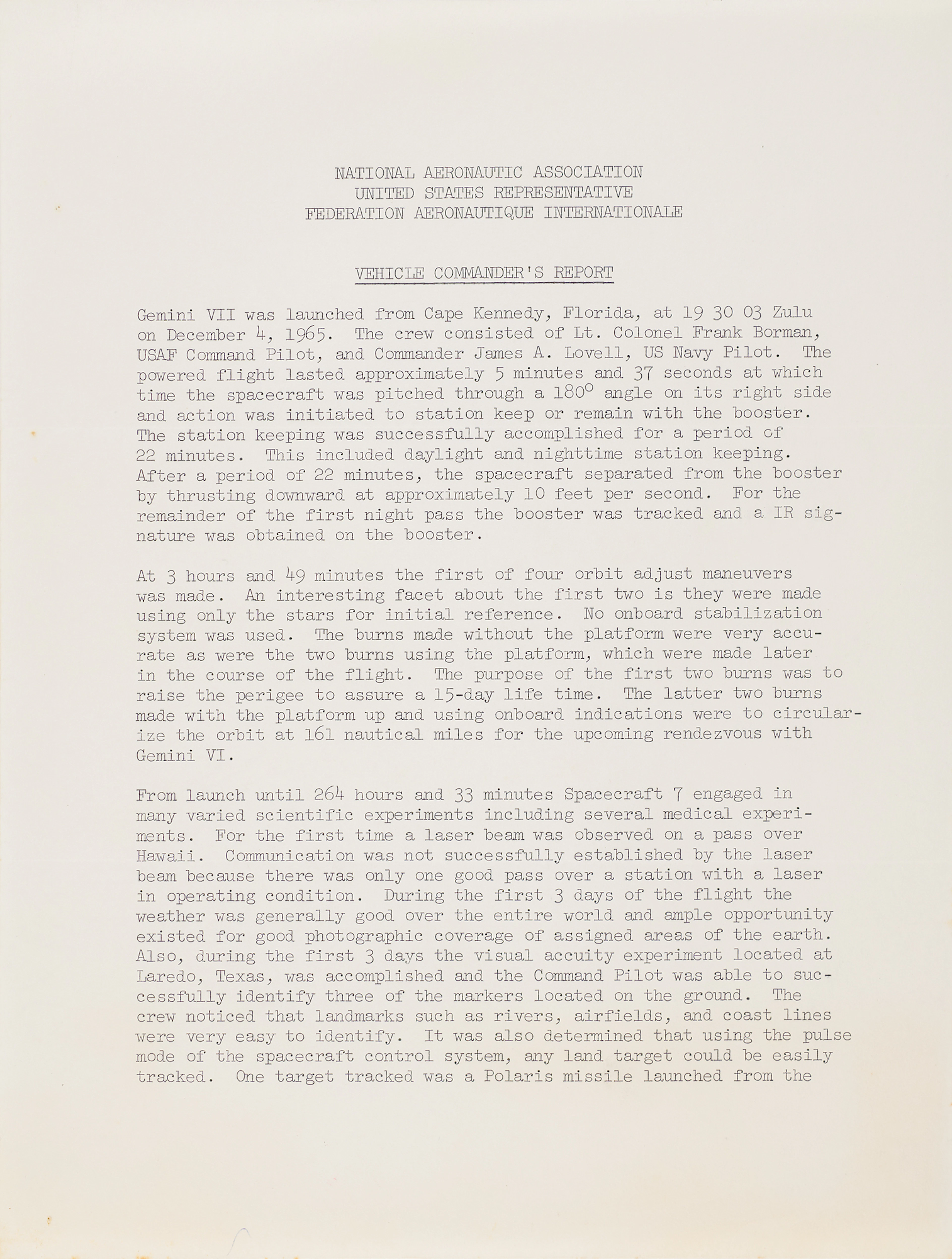 Frank Borman Signed Gemini 7 Flight Report - Issued to the National