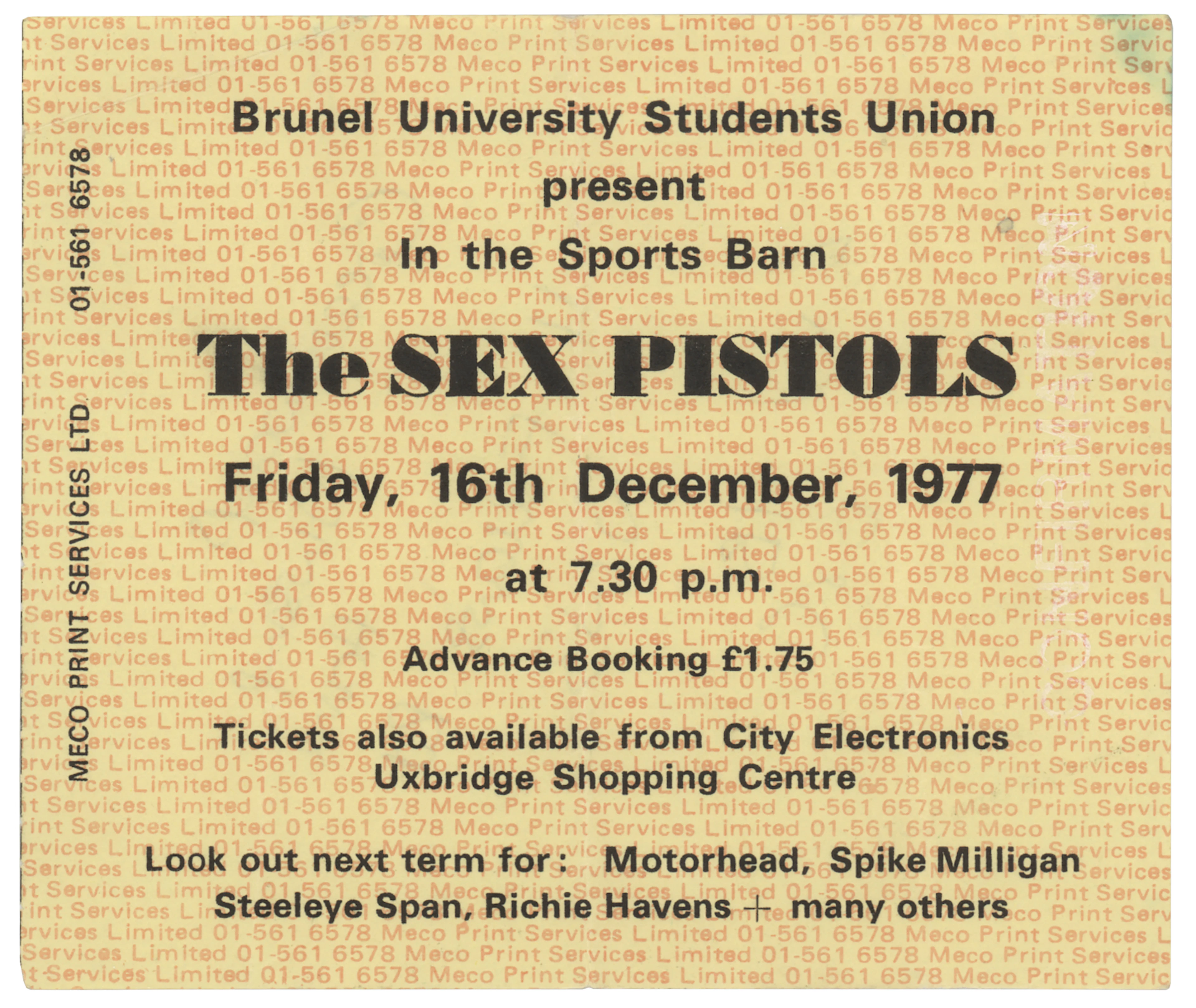 Sex Pistols Original Concert Ticket Stub (Brunel University on December