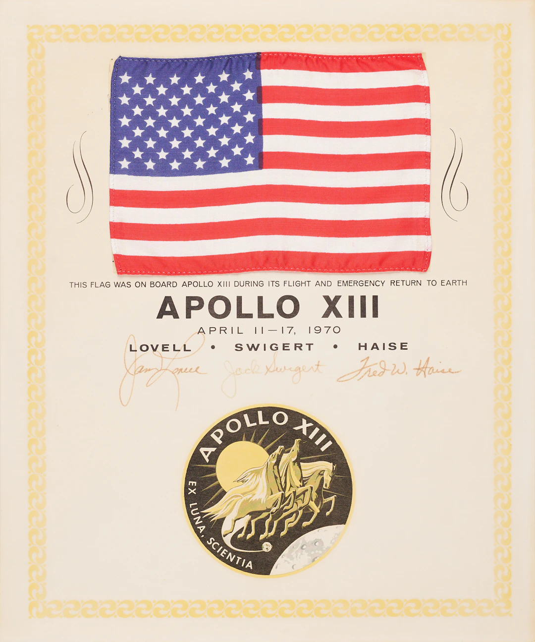 Apollo 13 Flown Flag with Crew-Signed Certificate