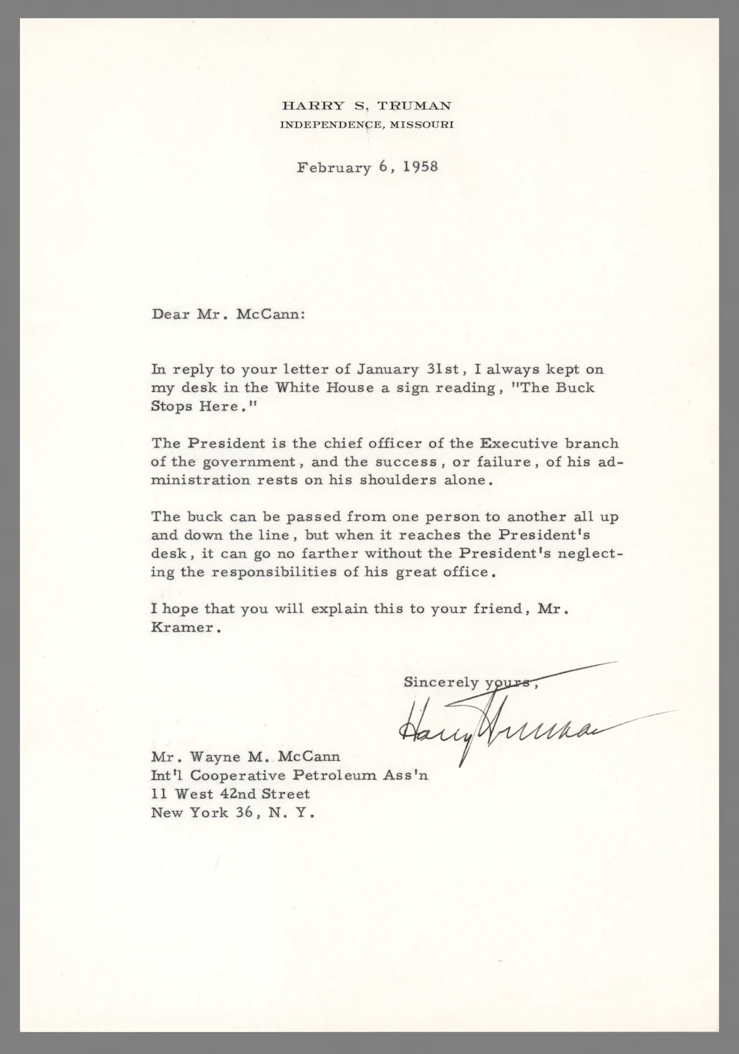 Harry S. Truman Typed Letter Signed on "The Buck Stops Here"