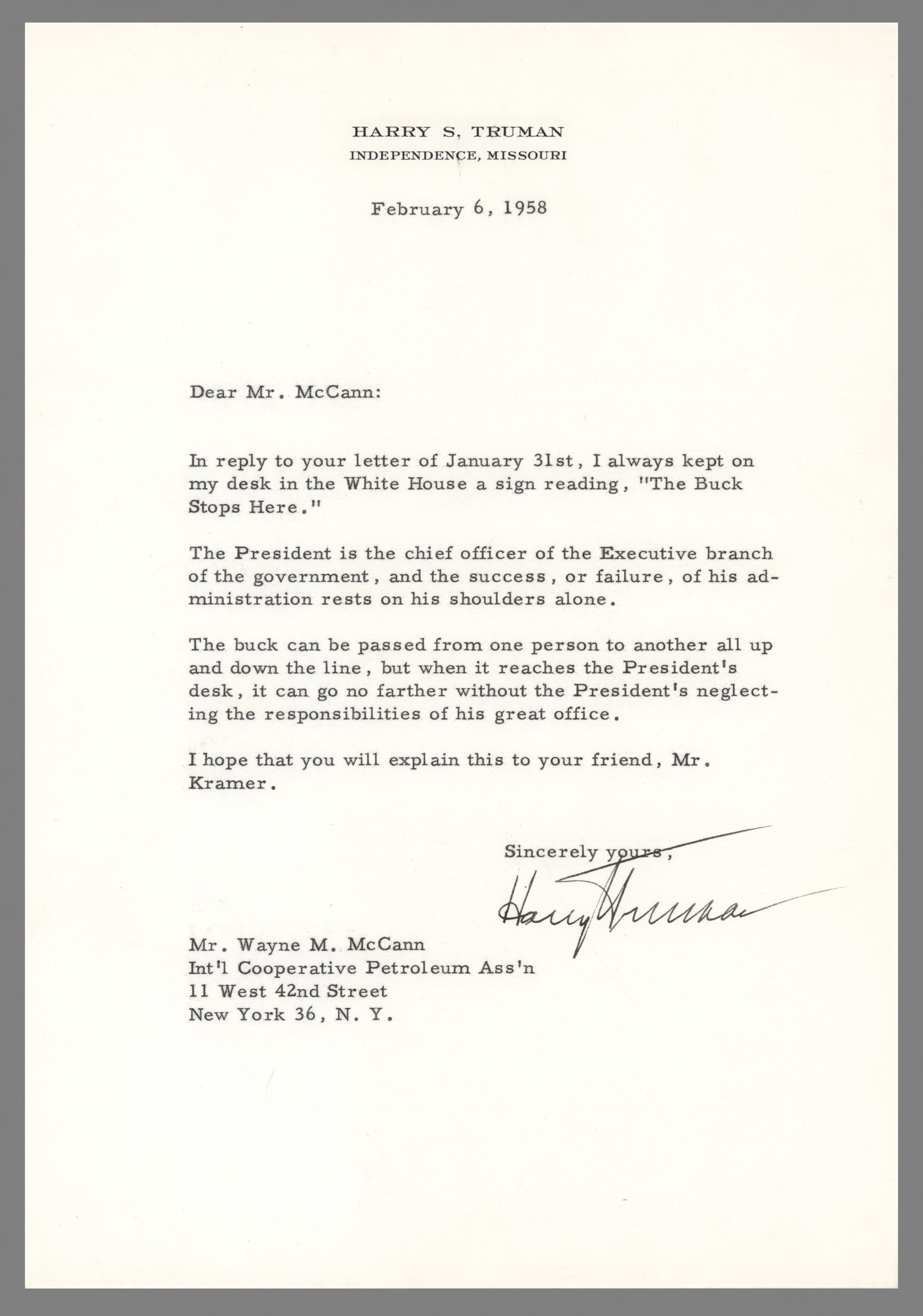 Harry S. Truman Typed Letter Signed on "The Buck Stops Here"