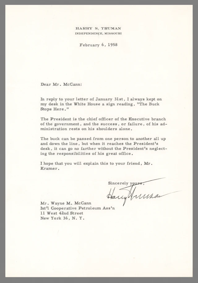 Harry S. Truman Typed Letter Signed on "The Buck Stops Here"