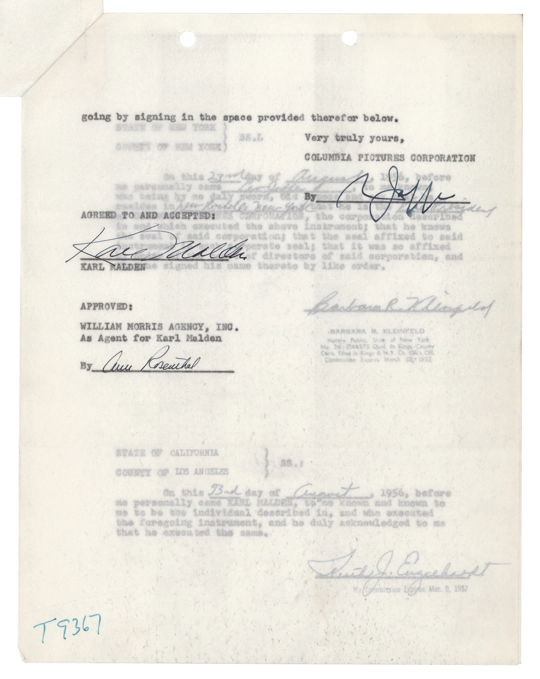 Karl Malden Signed Net Proceeds Agreement for 'On the Waterfront'