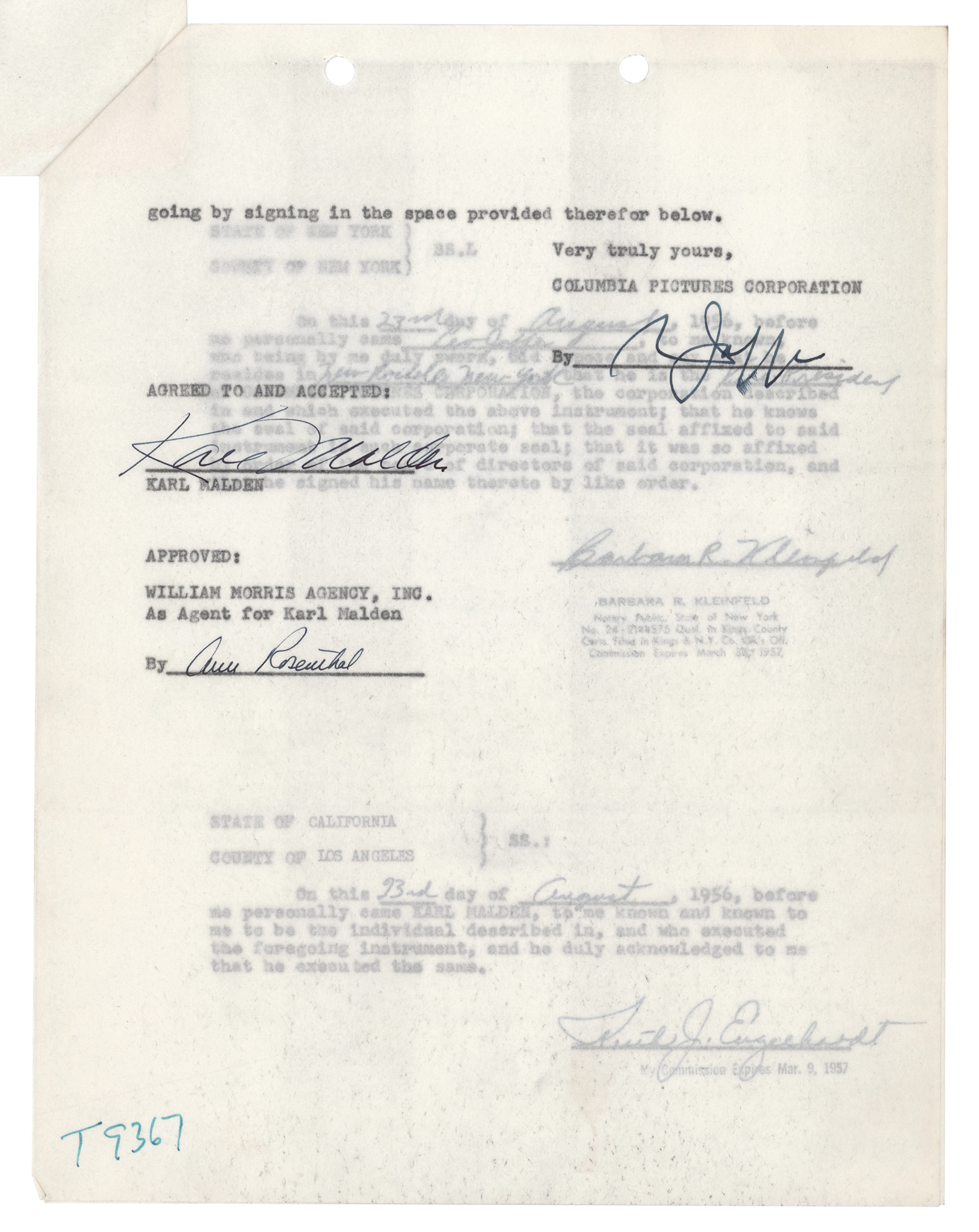 Karl Malden Signed Net Proceeds Agreement for 'On the Waterfront'