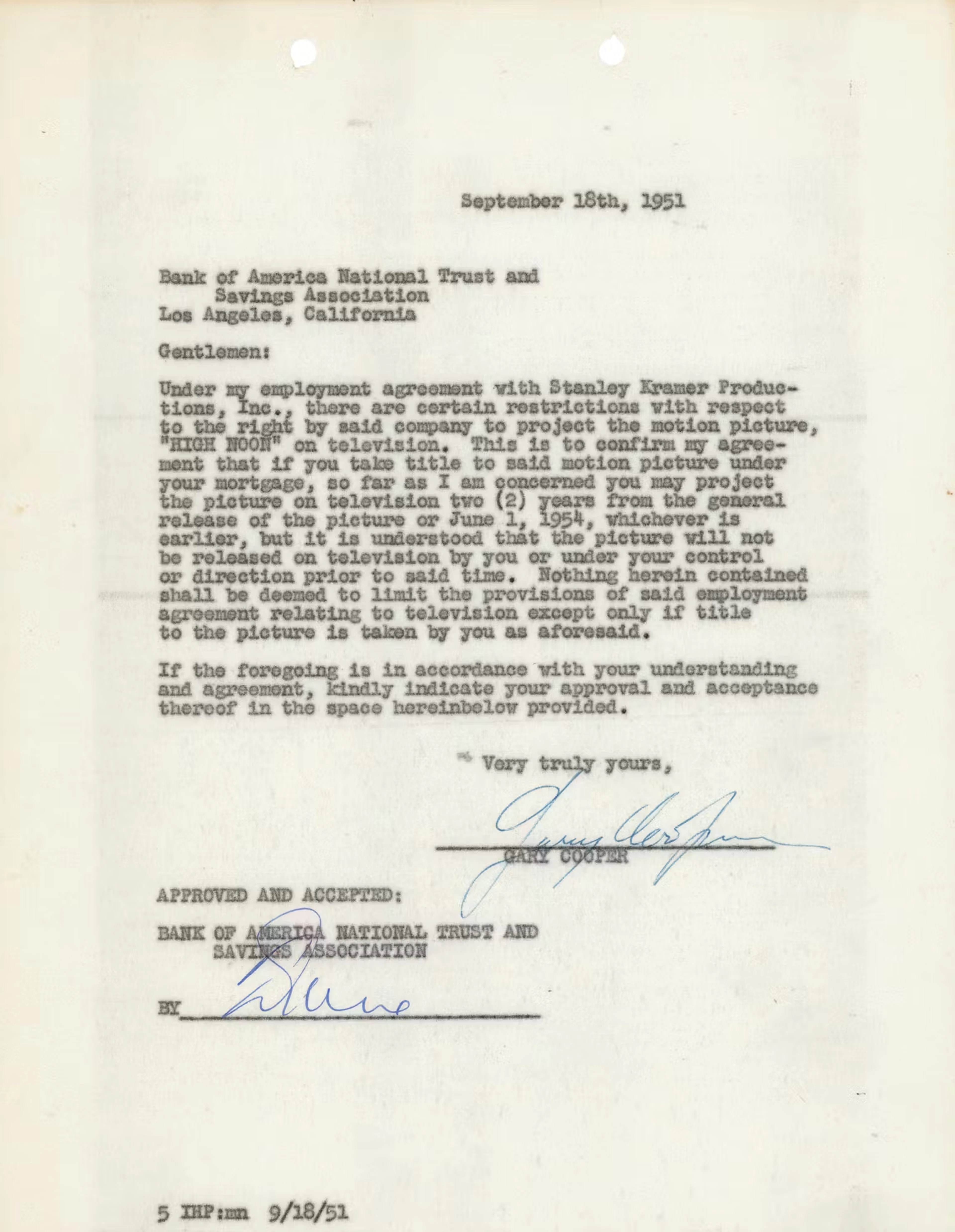 Gary Cooper Document Signed for "High Noon"