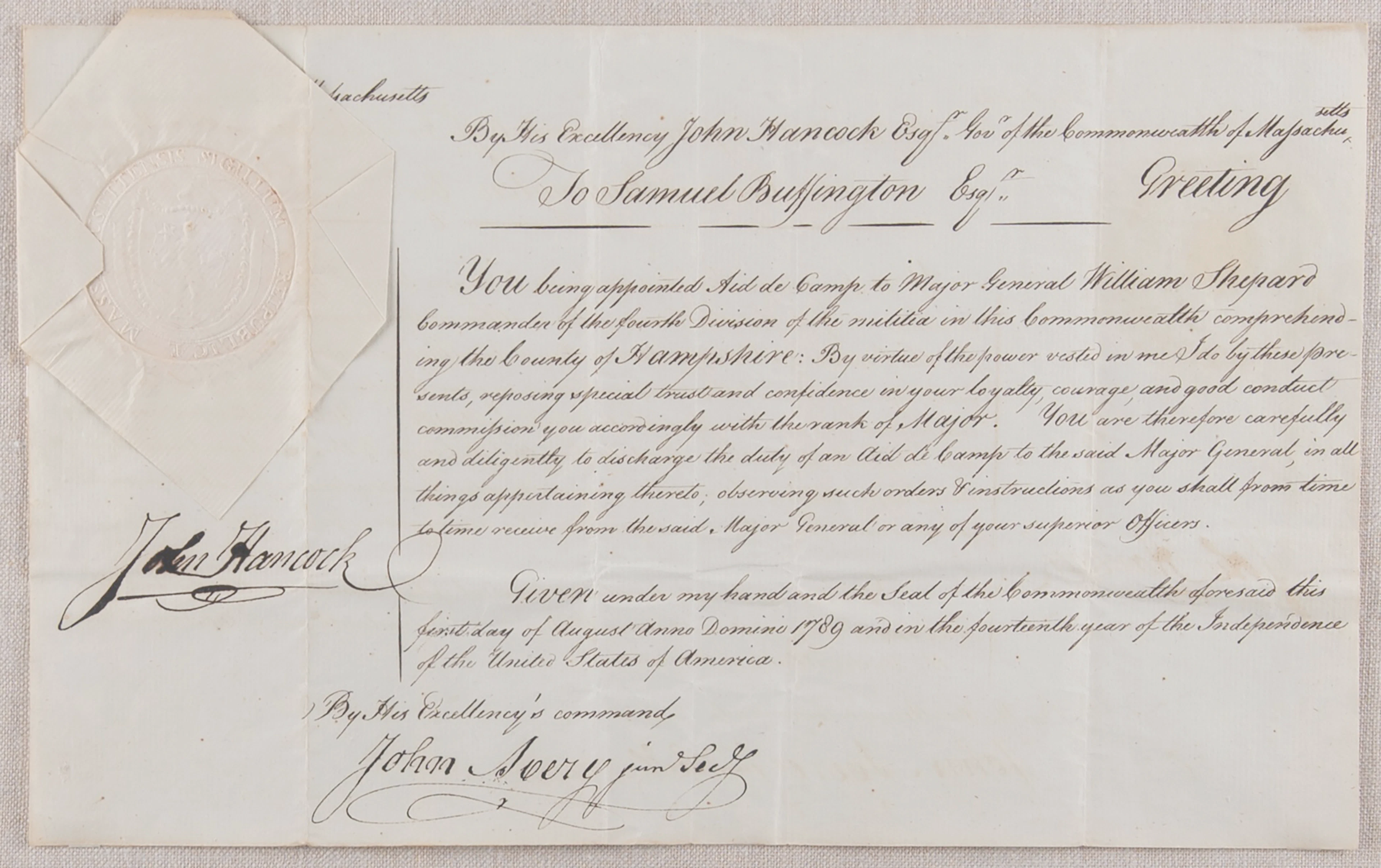 John Hancock Document Signed as Governor of Massachusetts, Appointing