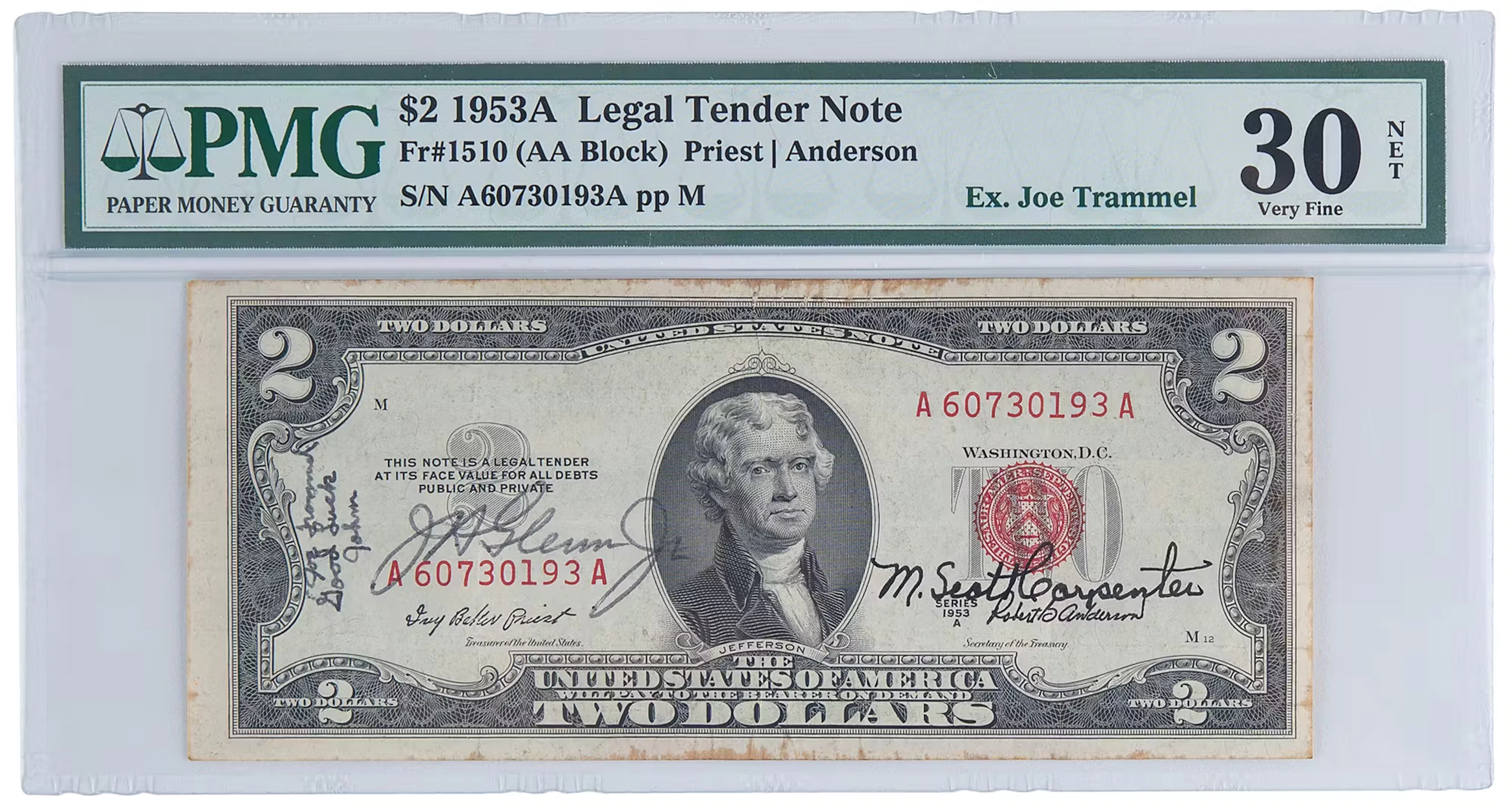 Mercury-Atlas 6 Friendship 7 Flown $2 Dollar Bill, Signed by John