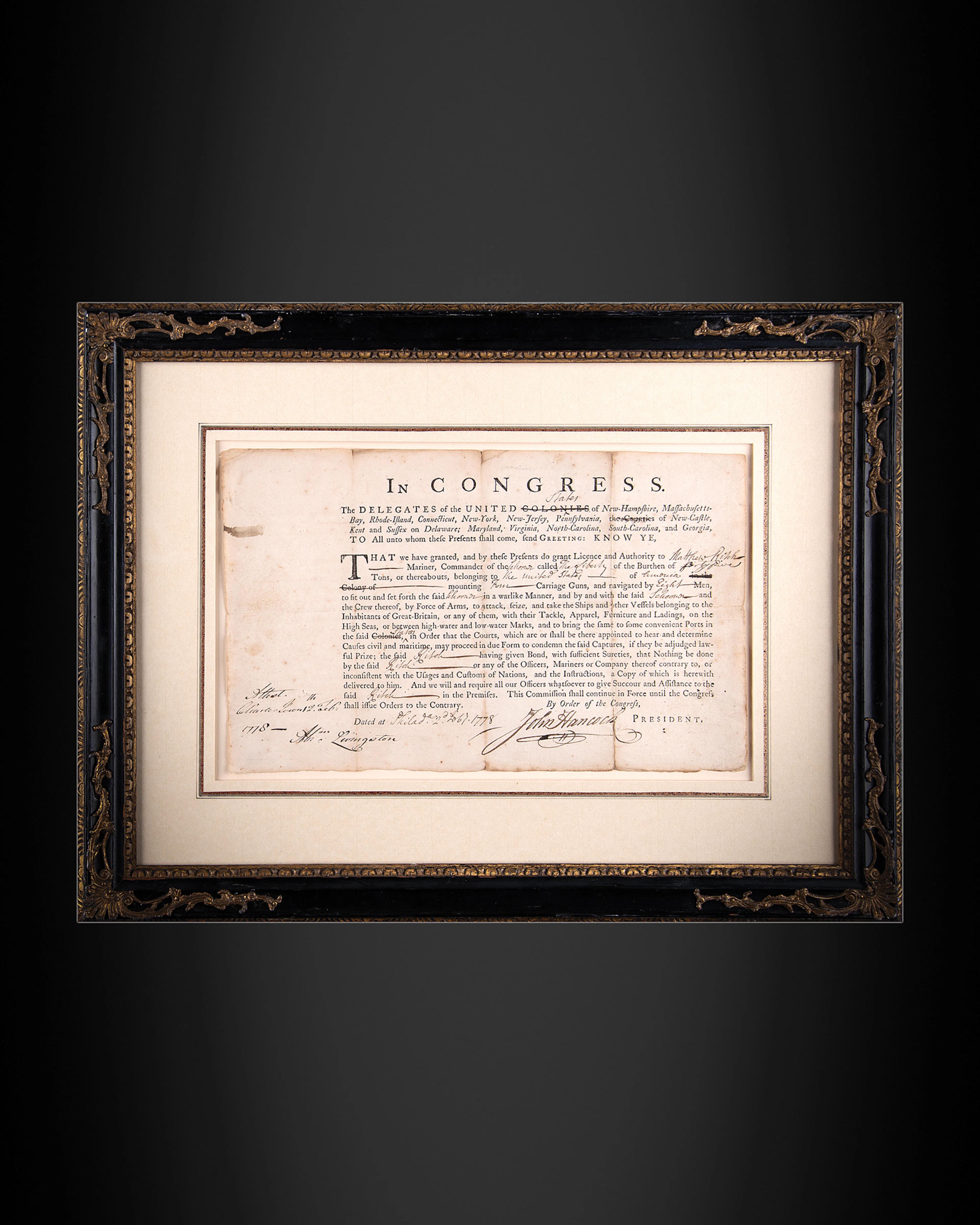 John Hancock War-Dated Document Signed, Commissioning the Schooner