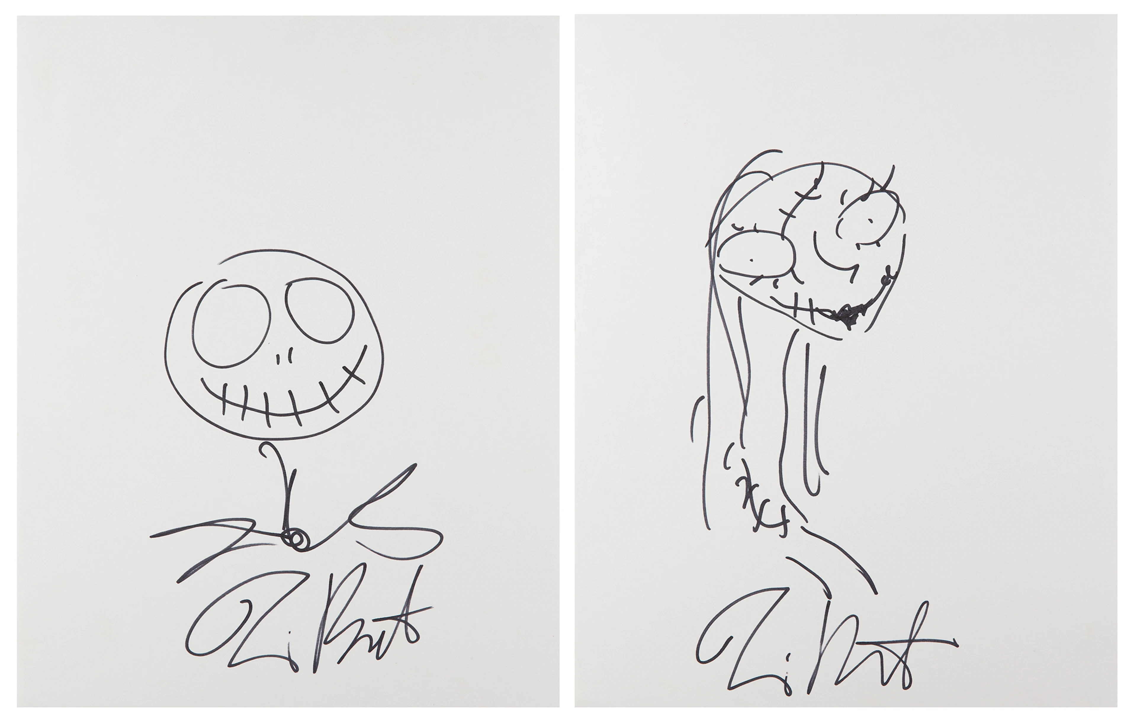 Tim Burton (2) Signed Sketches - Jack Skellington and Sally from The