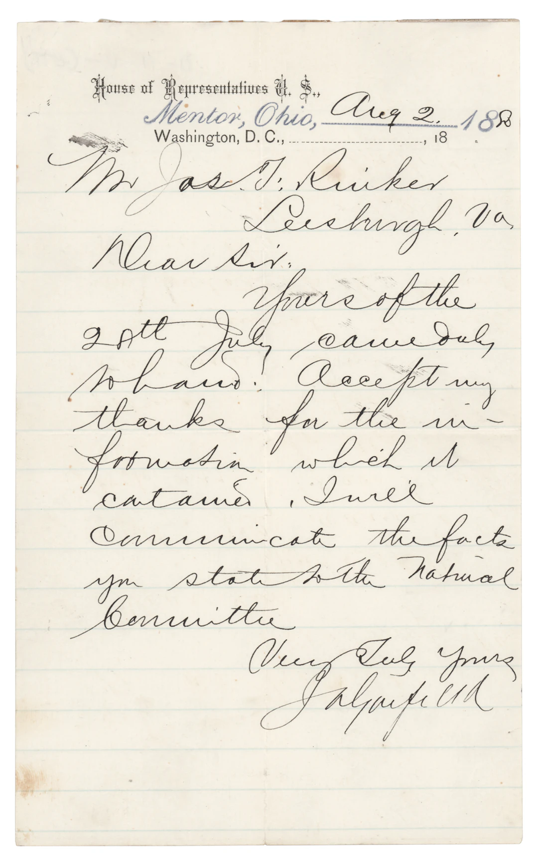 James A. Garfield Letter Signed