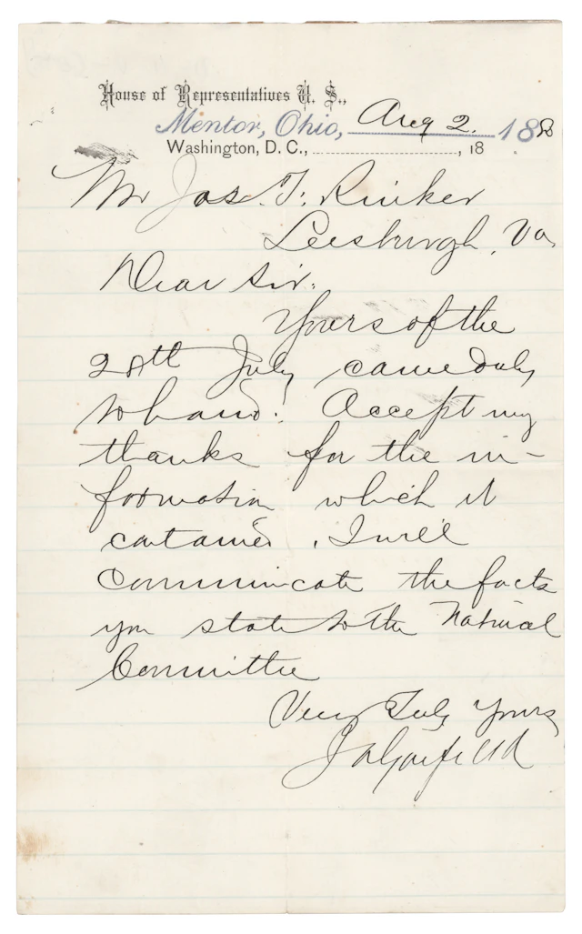 James A. Garfield Letter Signed