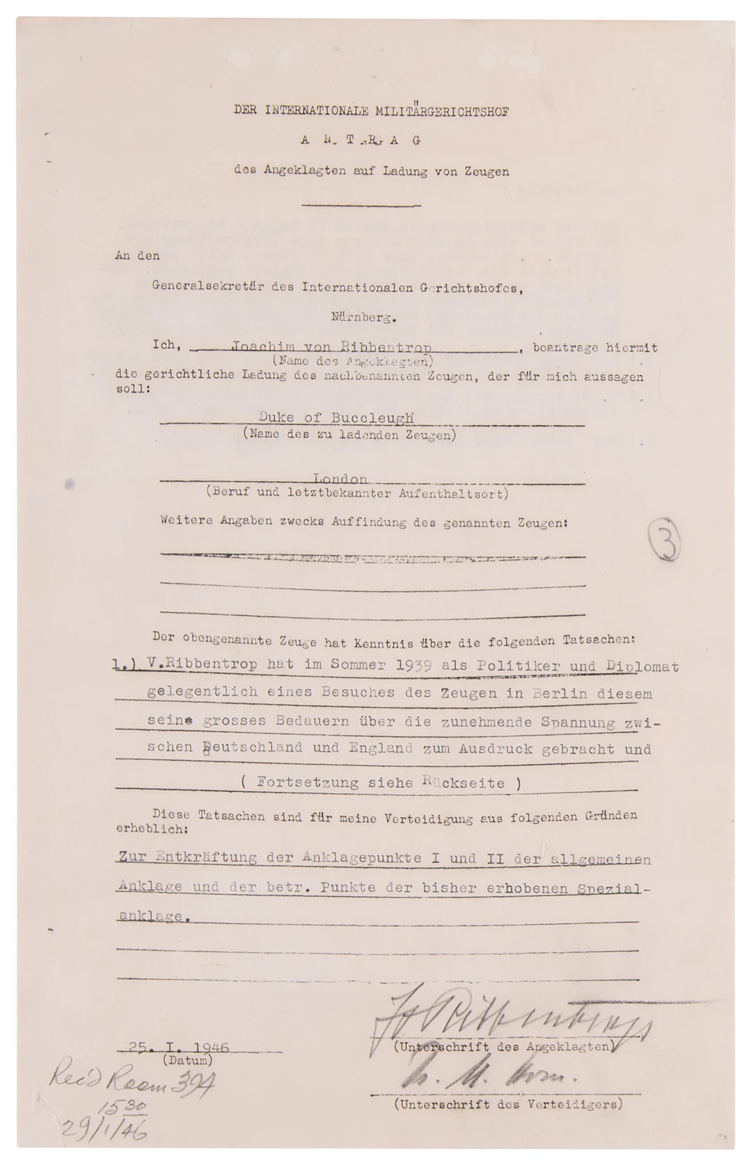 Joachim von Ribbentrop Document Signed at Nuremberg, Seeking the Controversial