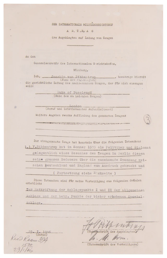 Joachim von Ribbentrop Document Signed at Nuremberg, Seeking the Controversial