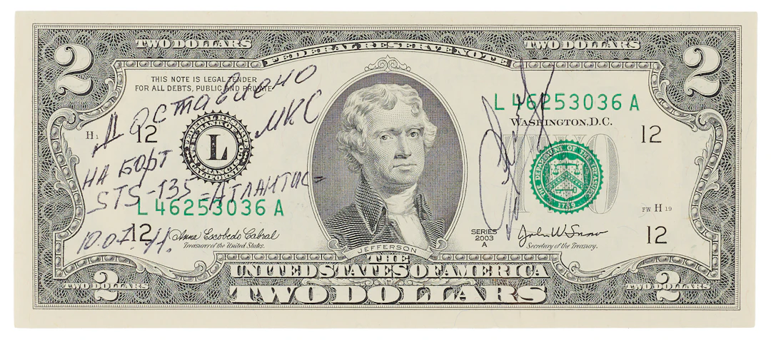 STS-135 Flown $2 Dollar Bill, Signed by Aleksandr Samokutyaev