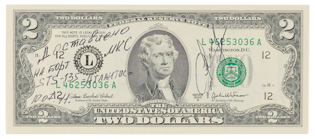 STS-135 Flown $2 Dollar Bill, Signed by Aleksandr Samokutyaev