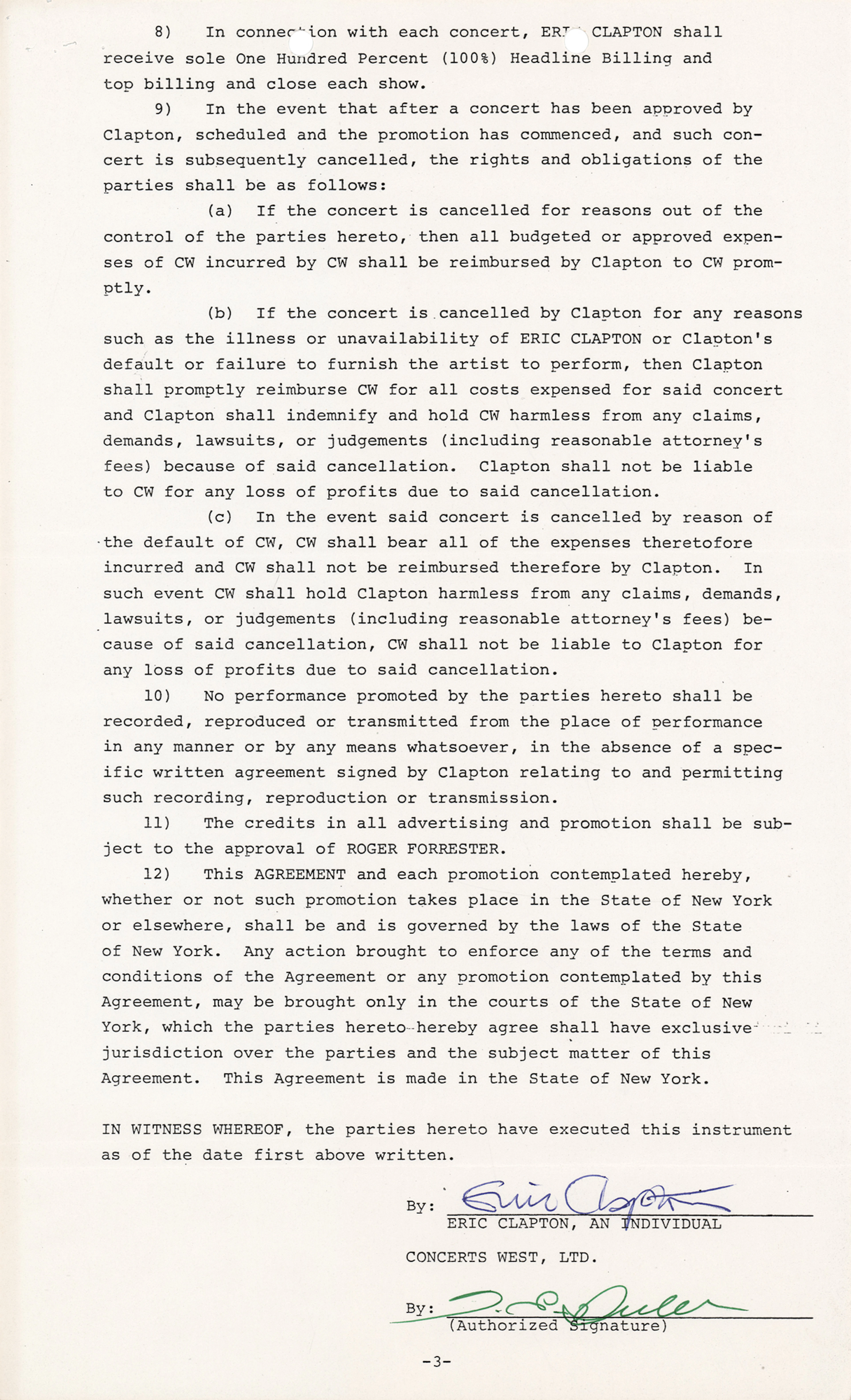 Eric Clapton Signed 1983 North American Tour Agreement
