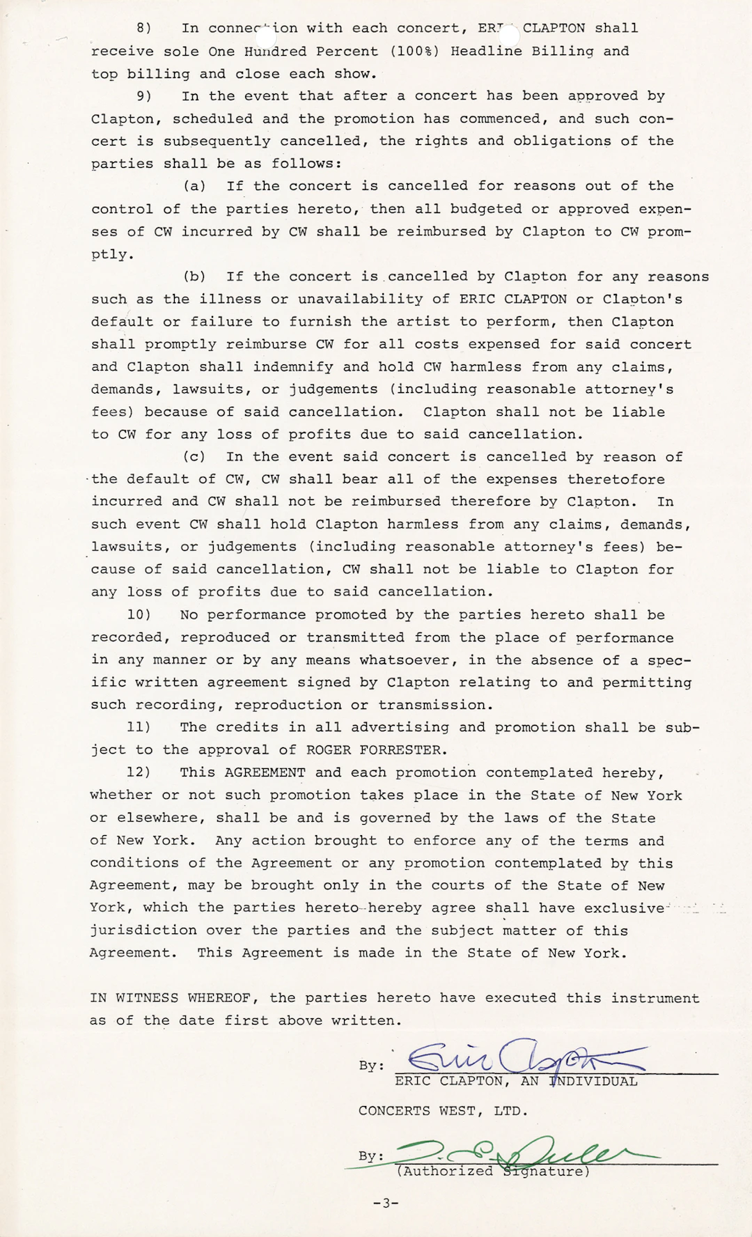 Eric Clapton Signed 1983 North American Tour Agreement