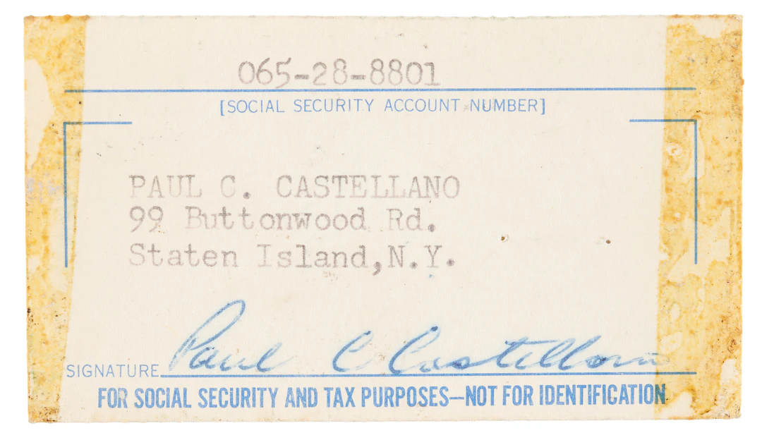 Paul Castellano Signed Social Security Card, with His Ferro Foods Money Clip