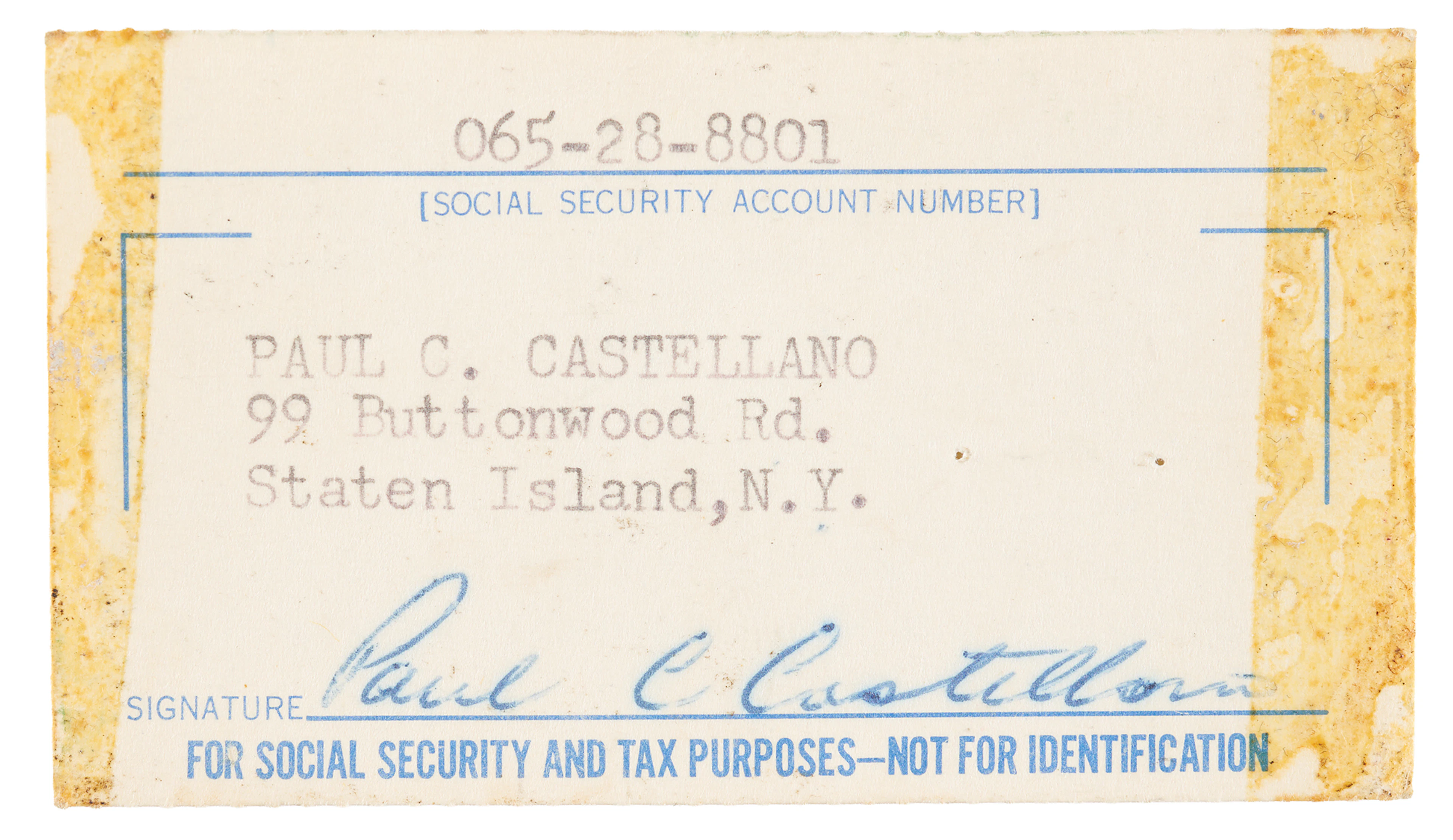 Paul Castellano Signed Social Security Card, with His Ferro Foods Money Clip