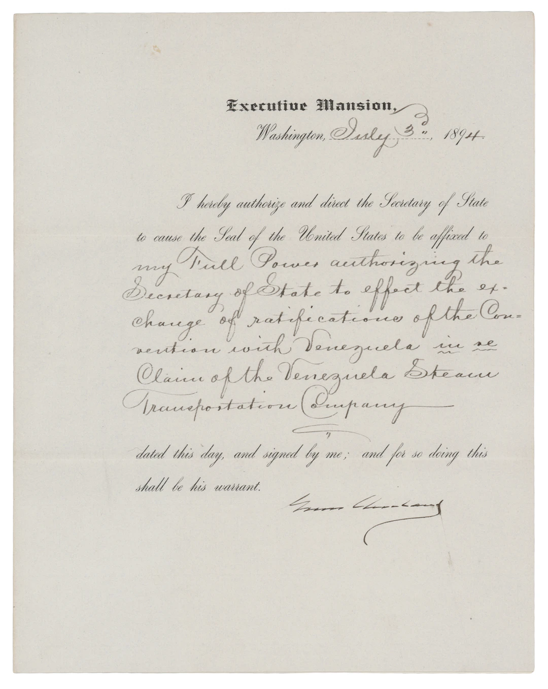 Grover Cleveland Document Signed as President, Exchanging Ratifications