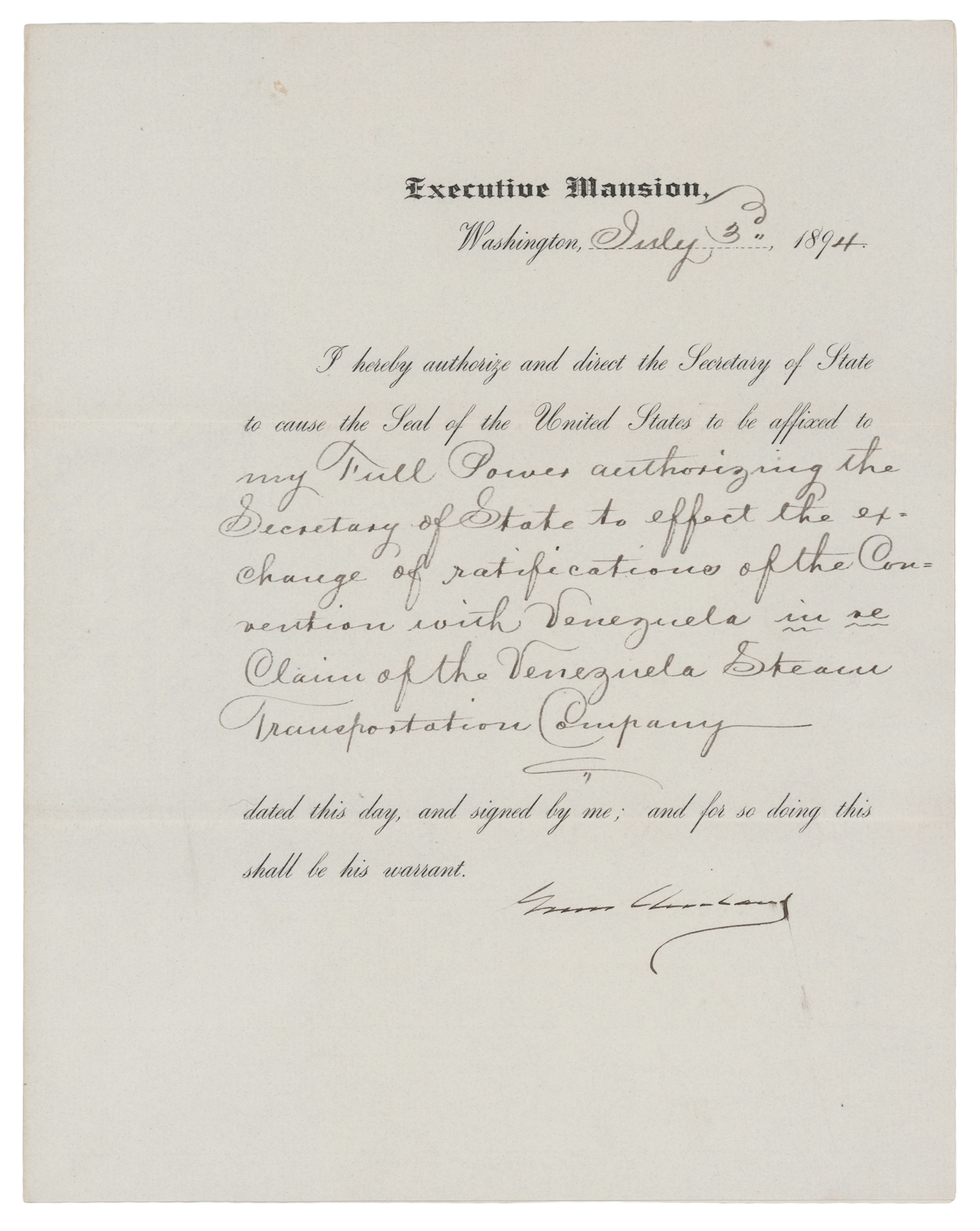 Grover Cleveland Document Signed as President, Exchanging Ratifications