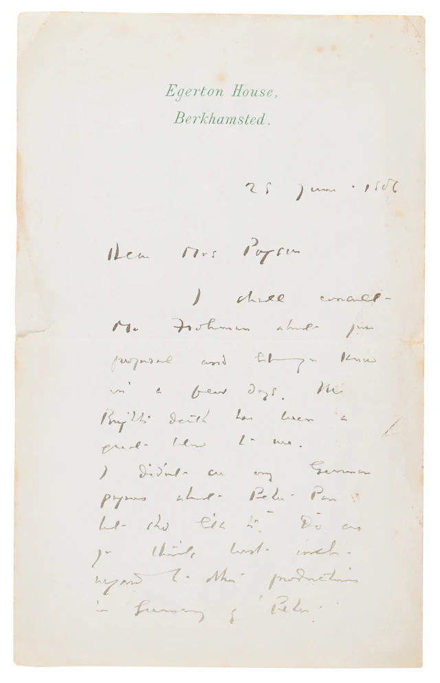James M. Barrie Autograph Letter Signed on ‘Peter Pan,’ Charles Frohman