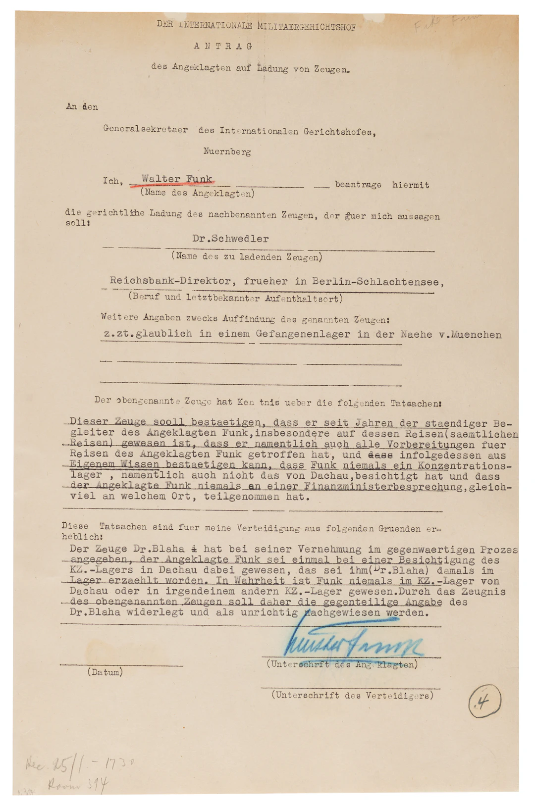 Walther Funk Document Signed at Nuremberg: "Funk has never been in