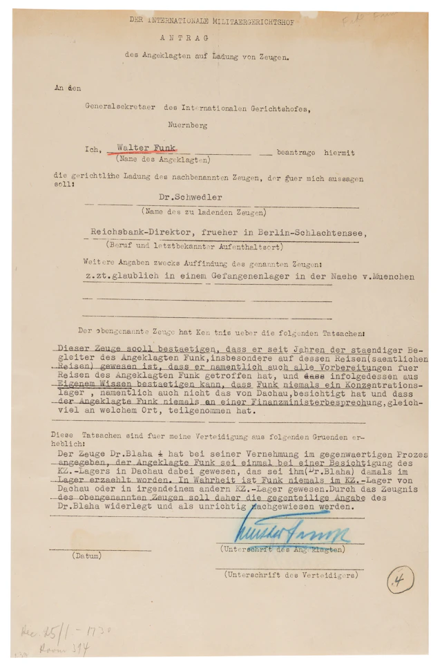 Walther Funk Document Signed at Nuremberg: "Funk has never been in