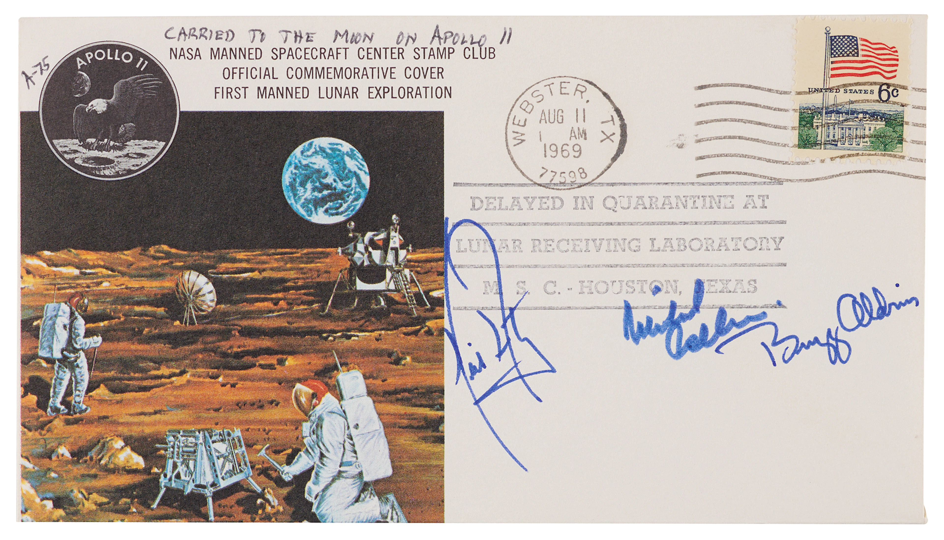 Apollo 11 Crew-Signed 'Type 1' Quarantine Cover, “Carried to the Moon