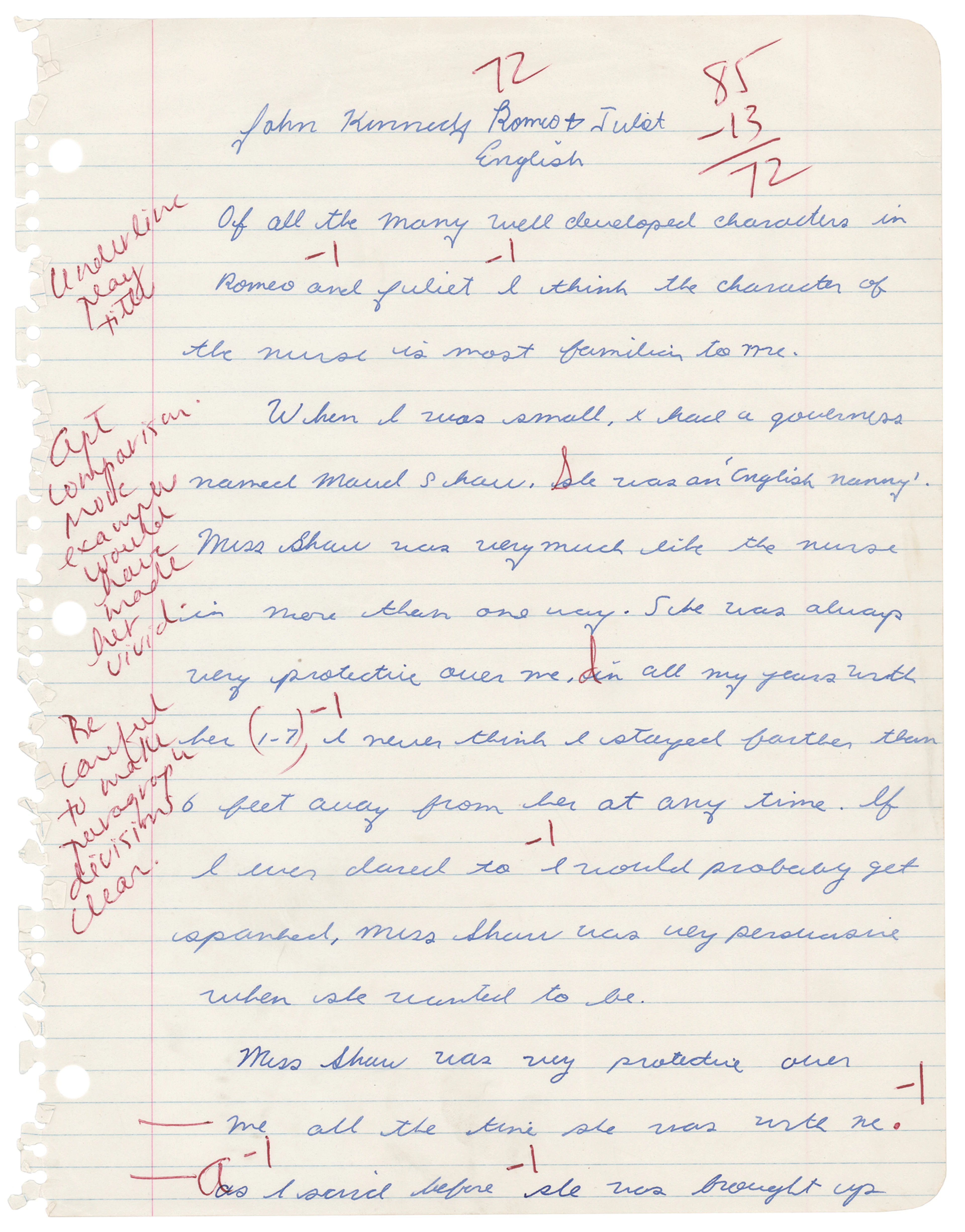 John F. Kennedy, Jr. Autograph Manuscript Signed - Middle School Essay