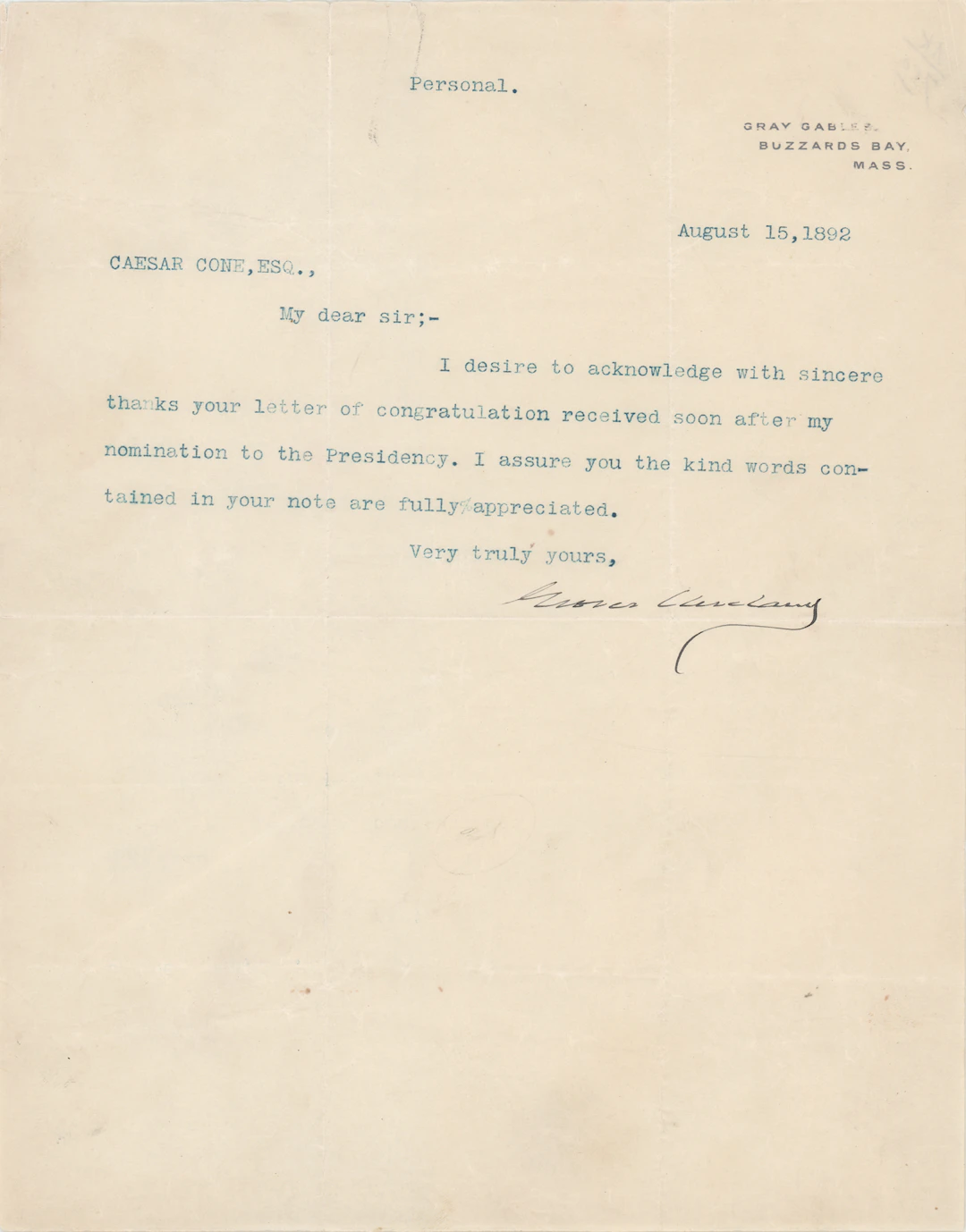 Grover Cleveland Typed Letter Signed, Sending Thanks for "congratulation