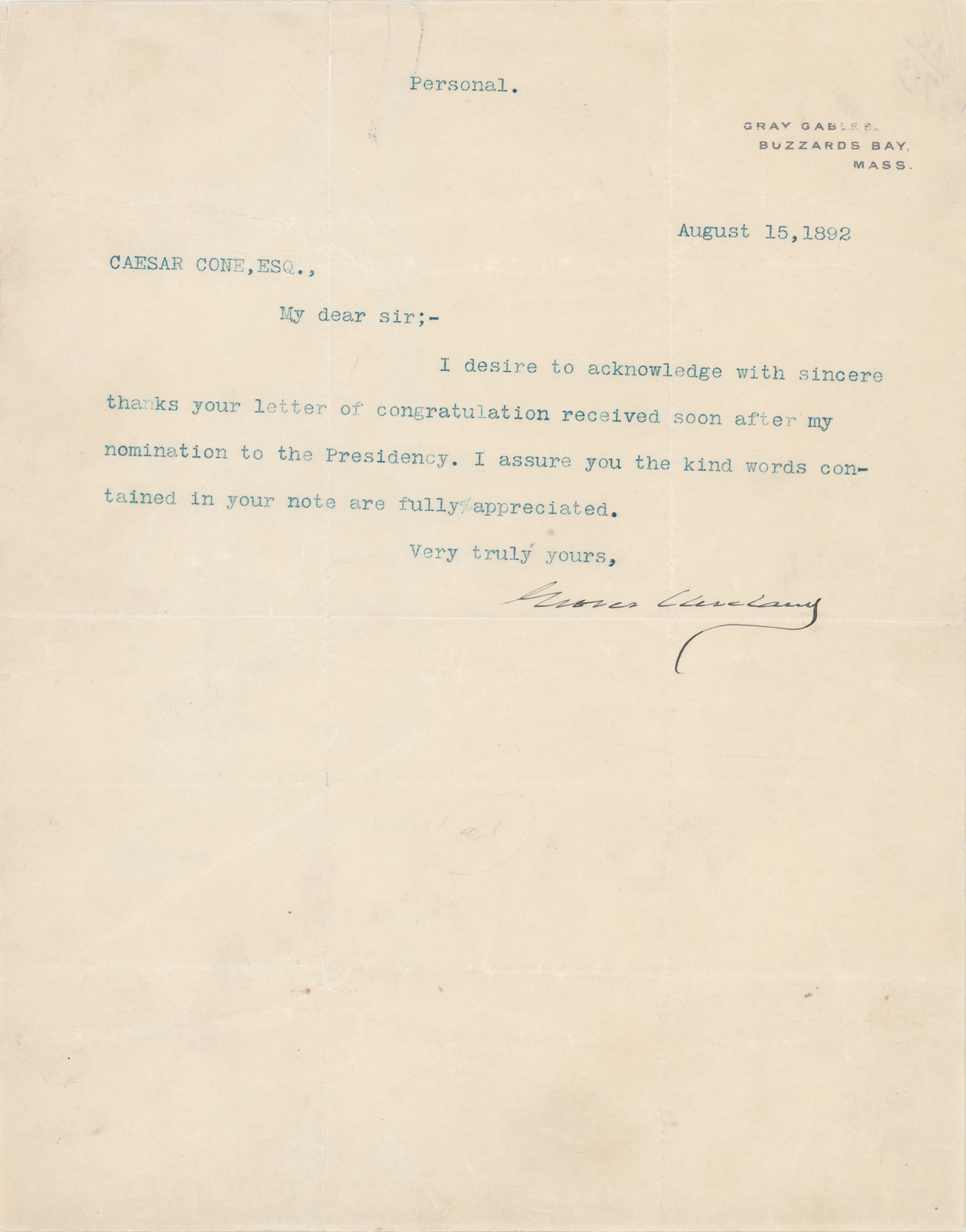 Grover Cleveland Typed Letter Signed, Sending Thanks for "congratulation