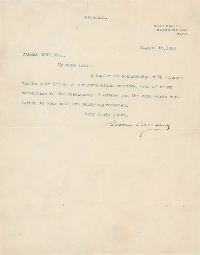 Grover Cleveland Typed Letter Signed, Sending Thanks for "congratulation