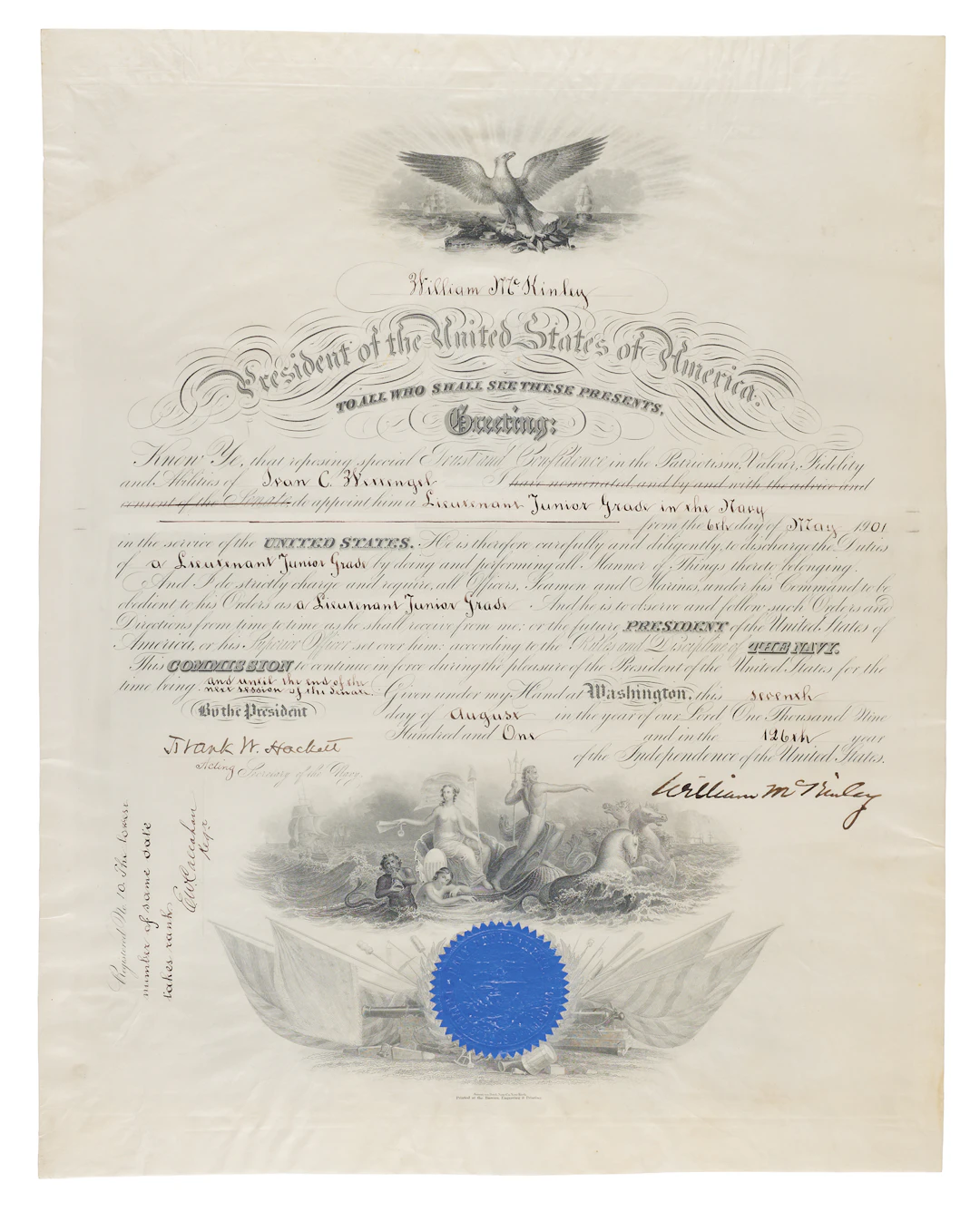 William McKinley Document Signed as President, Appointing a Navy Lieutenant