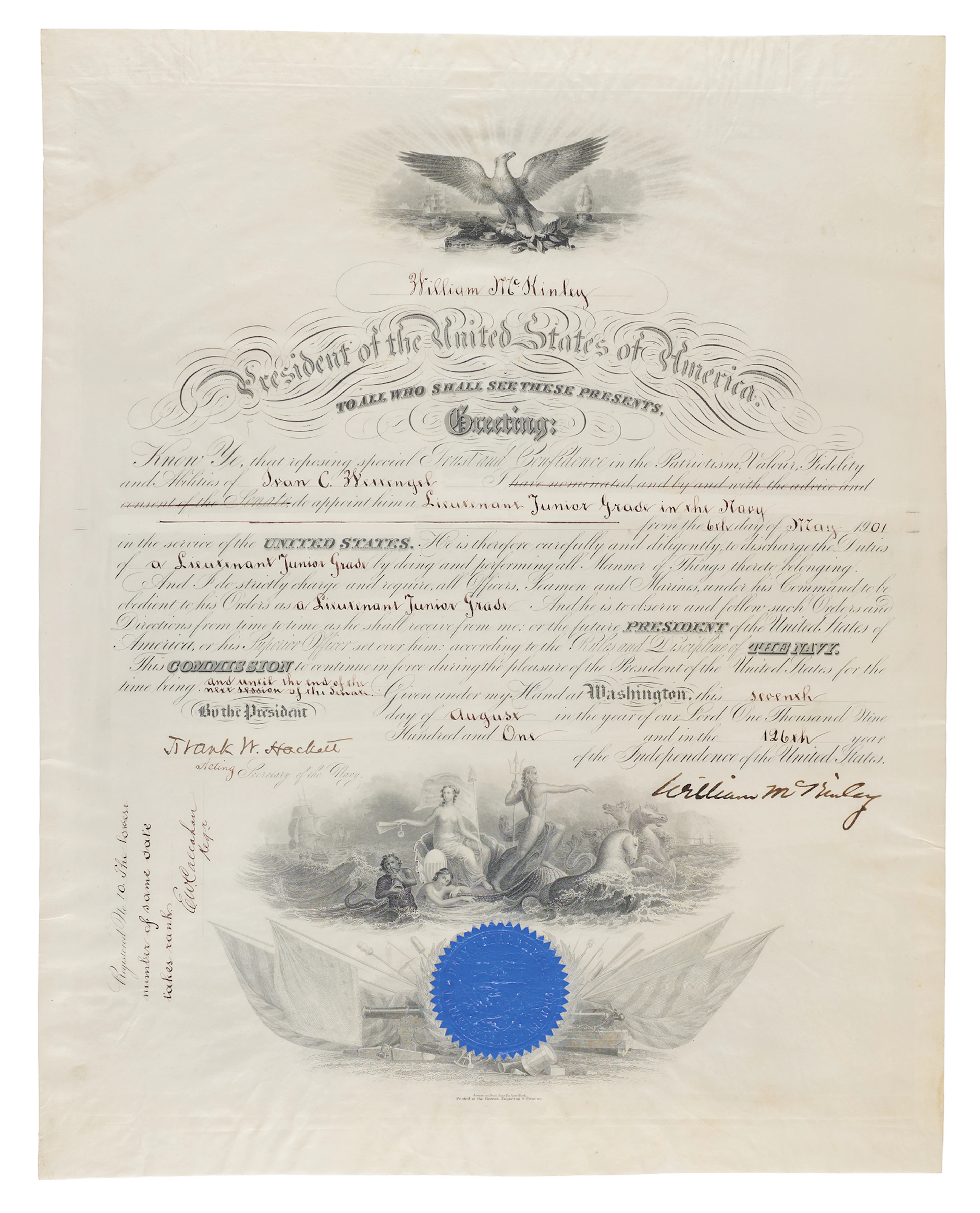 William McKinley Document Signed as President, Appointing a Navy Lieutenant