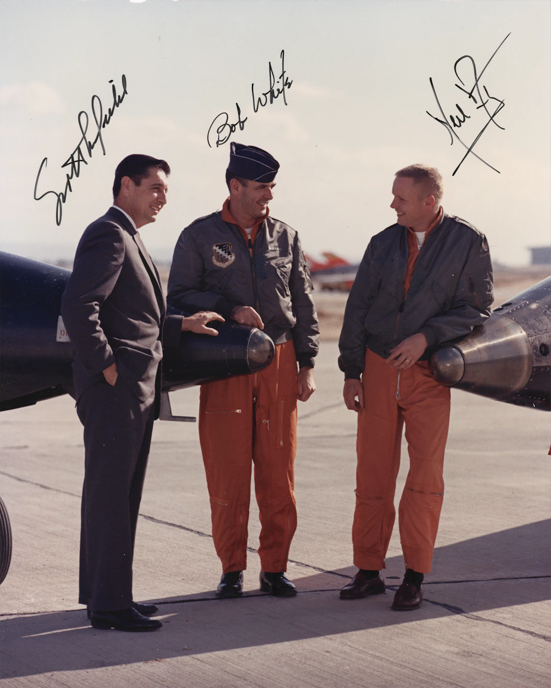 Neil Armstrong, Bob White, and Scott Crossfield Signed Photograph