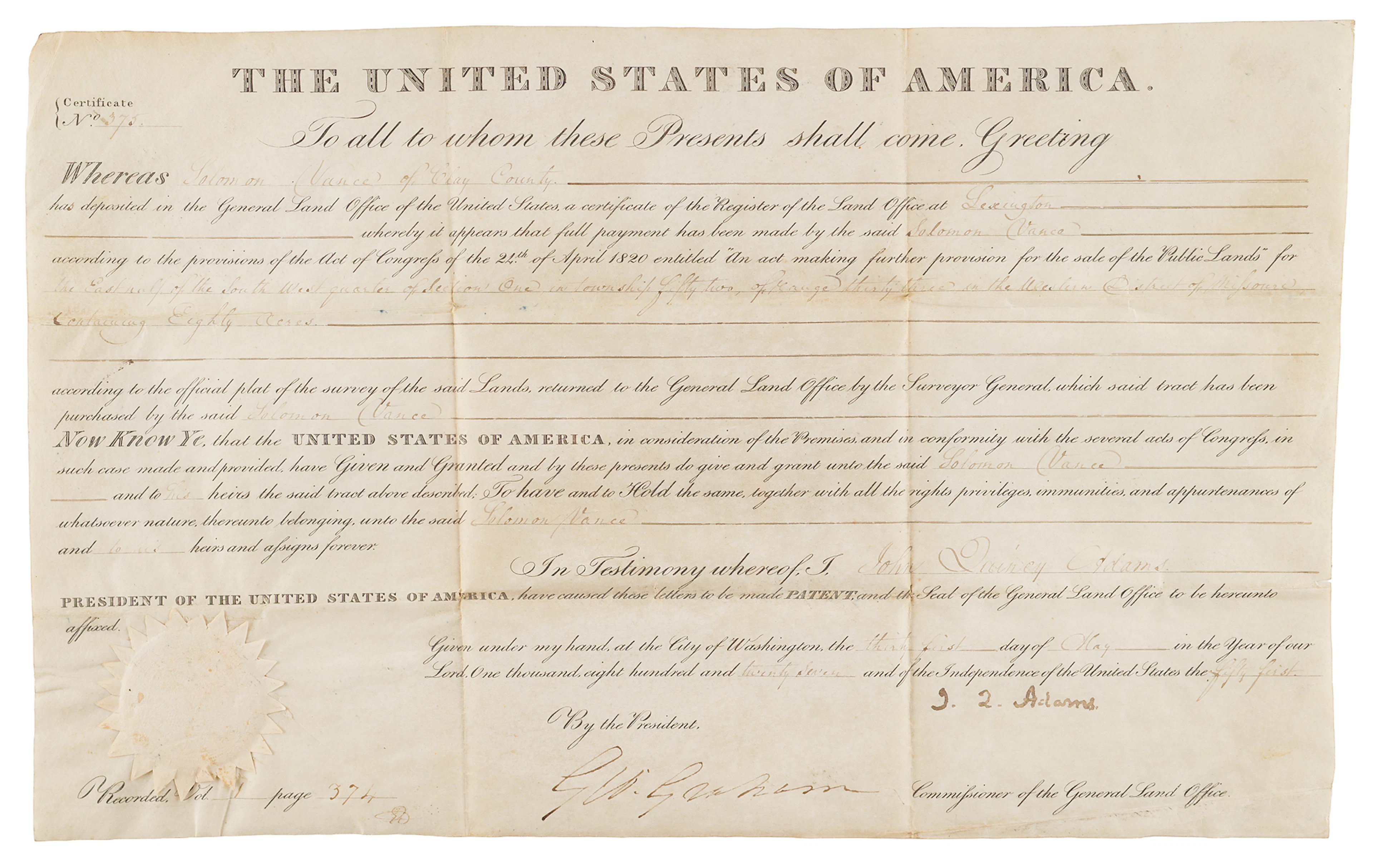 John Quincy Adams Document Signed as President