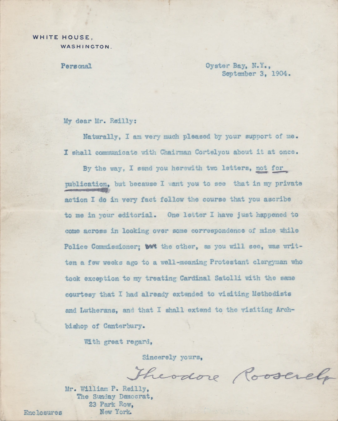 Theodore Roosevelt Typed Letter Signed as President on Religious Tolerance