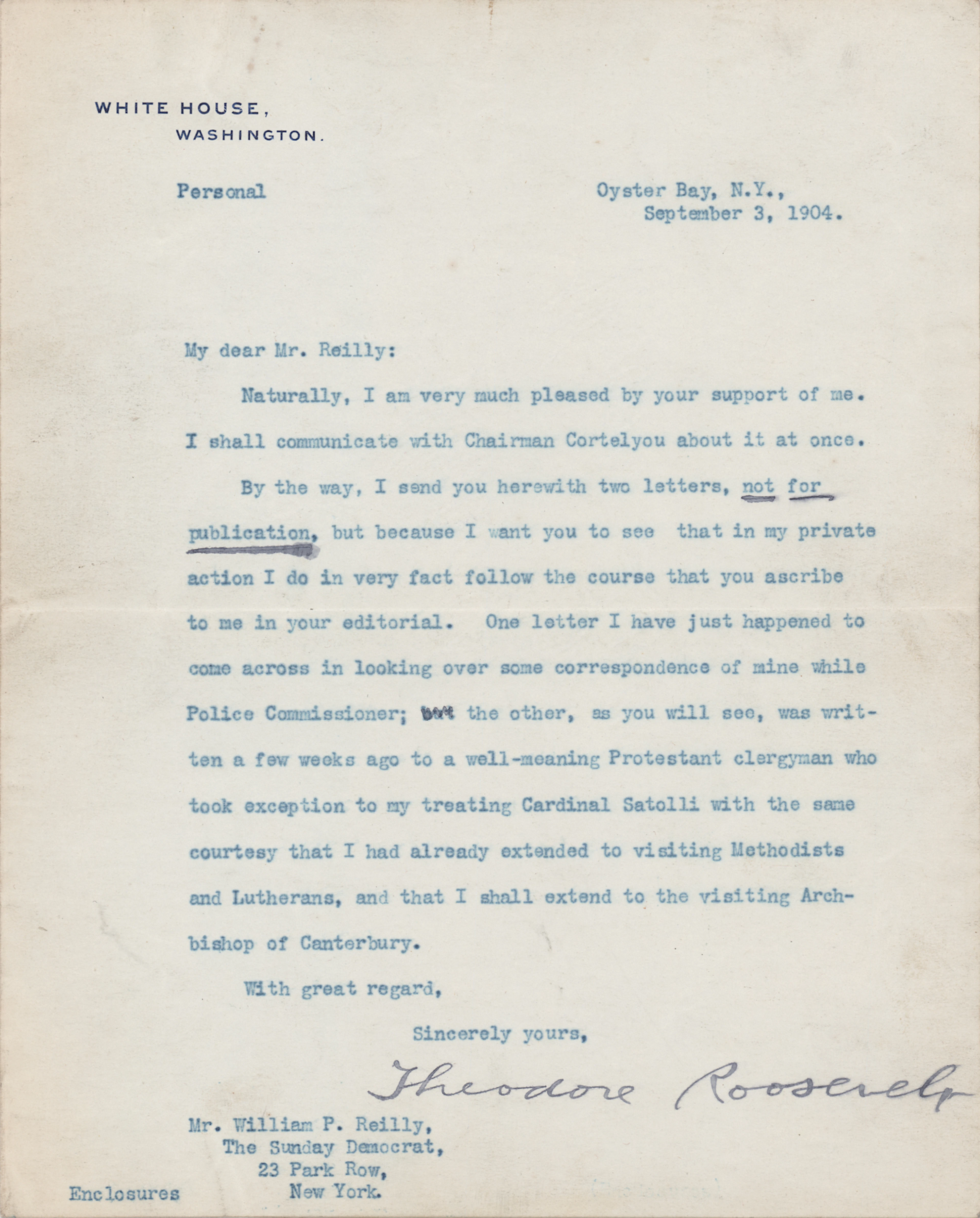 Theodore Roosevelt Typed Letter Signed as President on Religious Tolerance