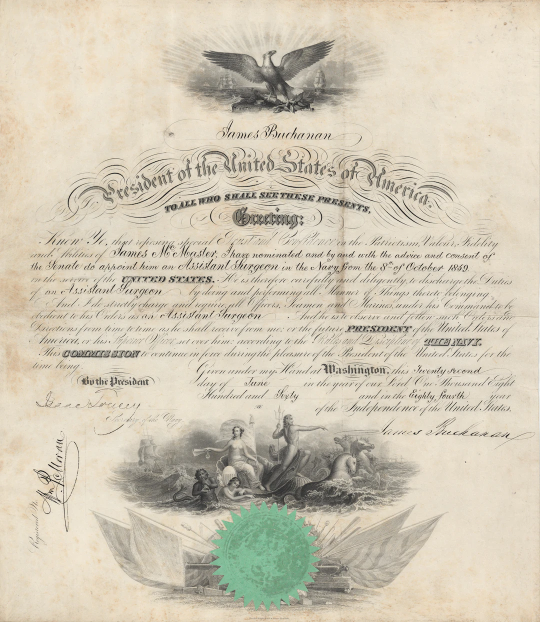 James Buchanan Document Signed as President, Appointing an Assistant