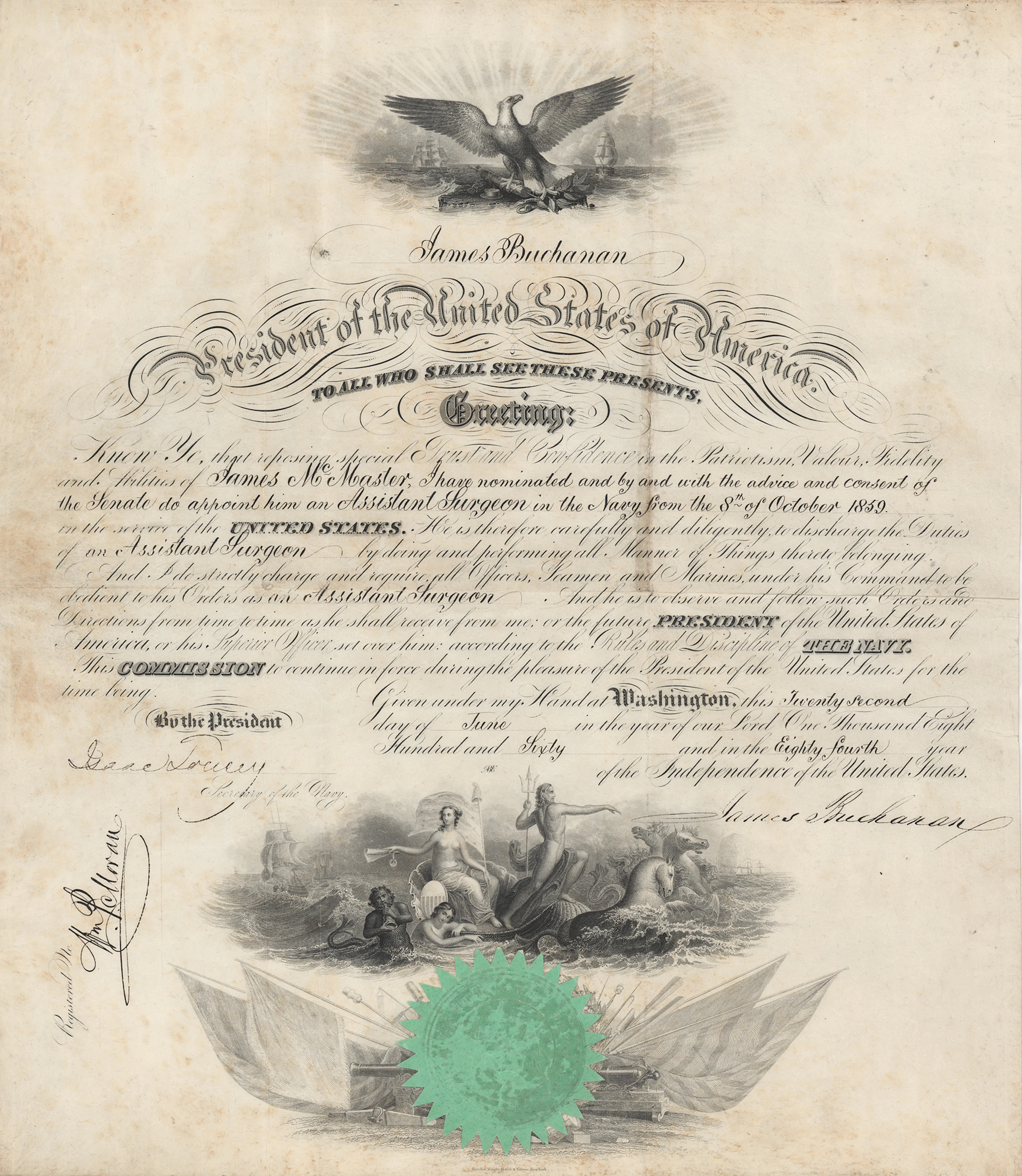James Buchanan Document Signed as President, Appointing an Assistant