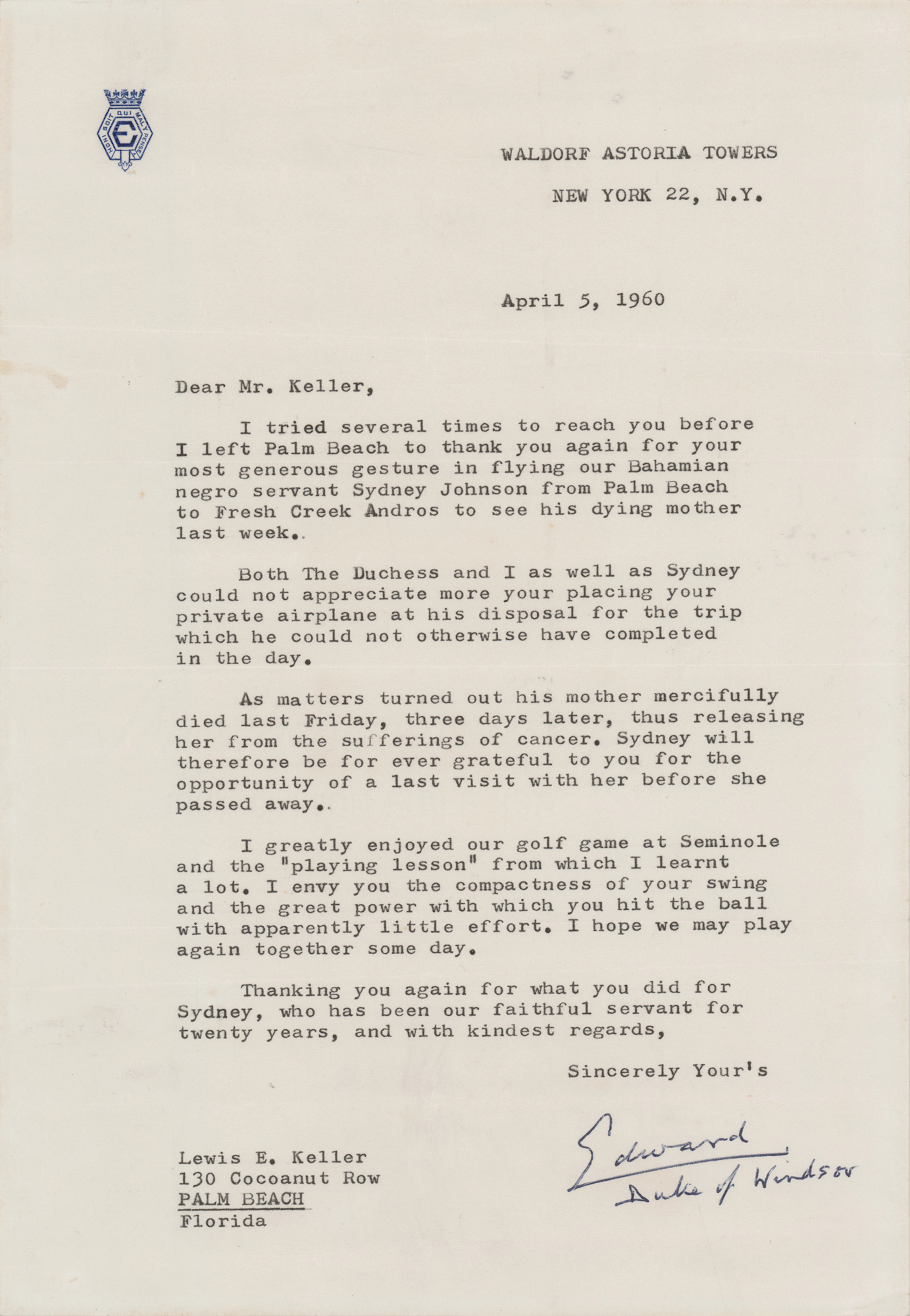 King Edward VIII Typed Letter Signed