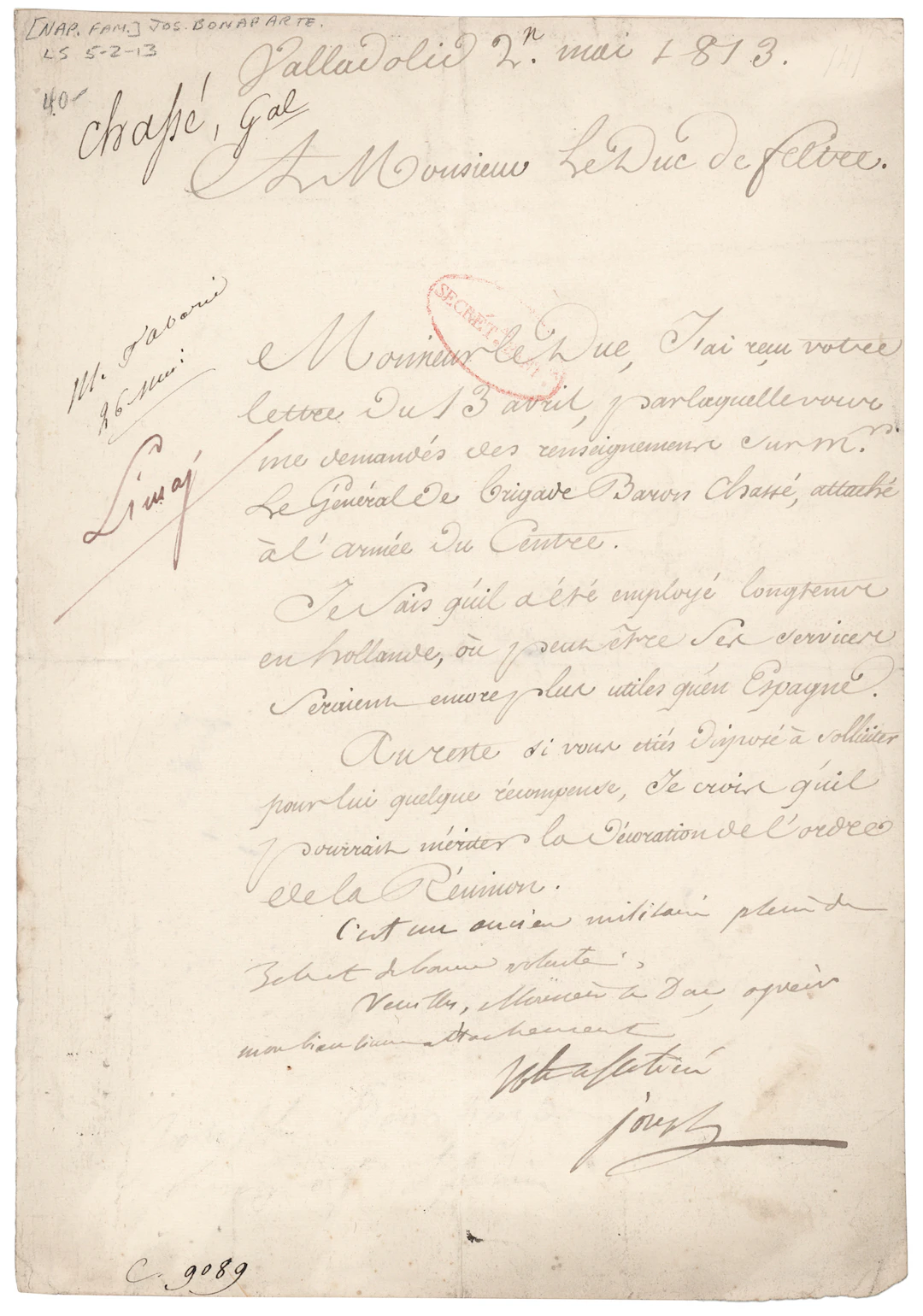 Joseph Bonaparte Letter Signed on General Chassé and the Ordre de