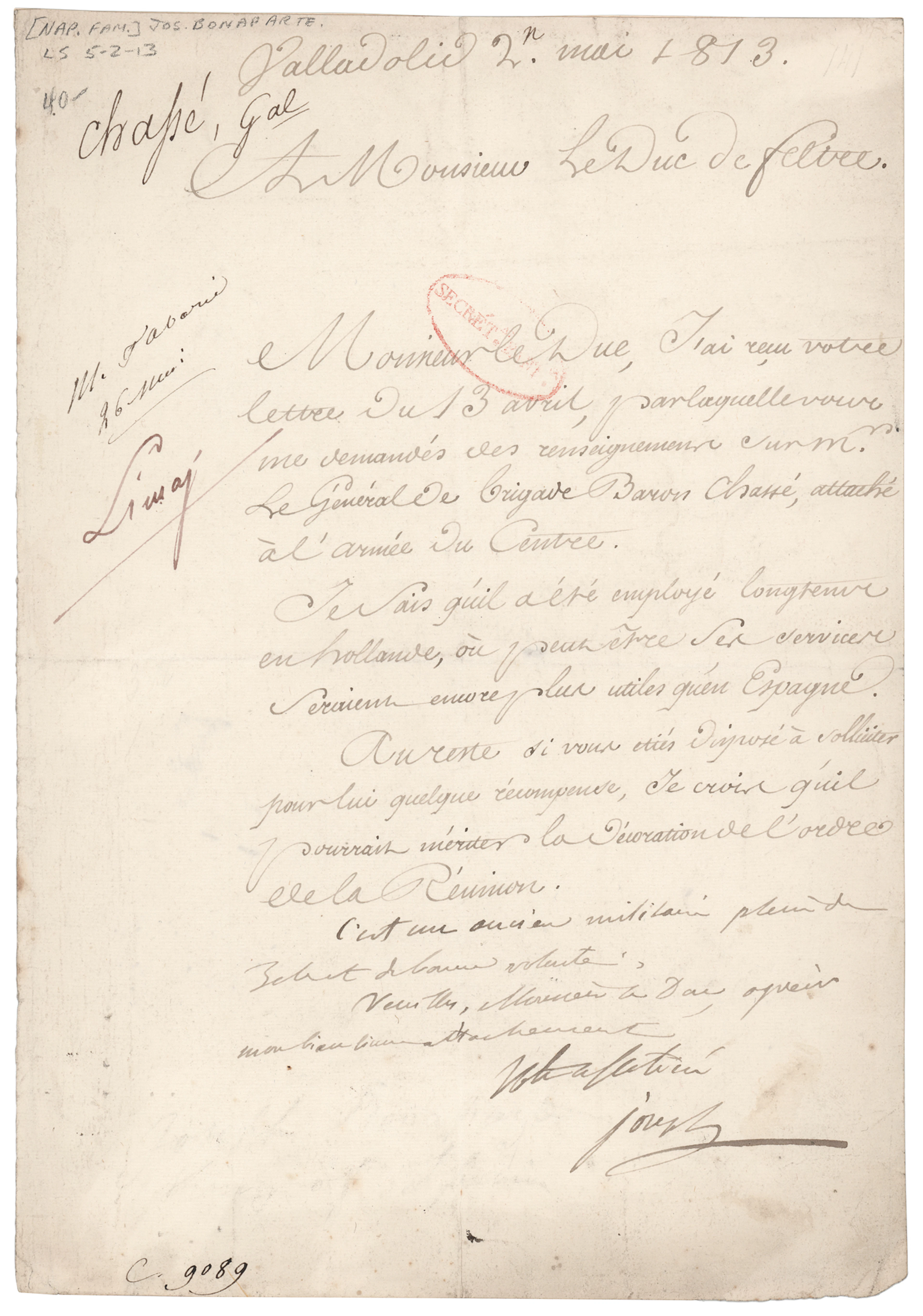 Joseph Bonaparte Letter Signed on General Chassé and the Ordre de