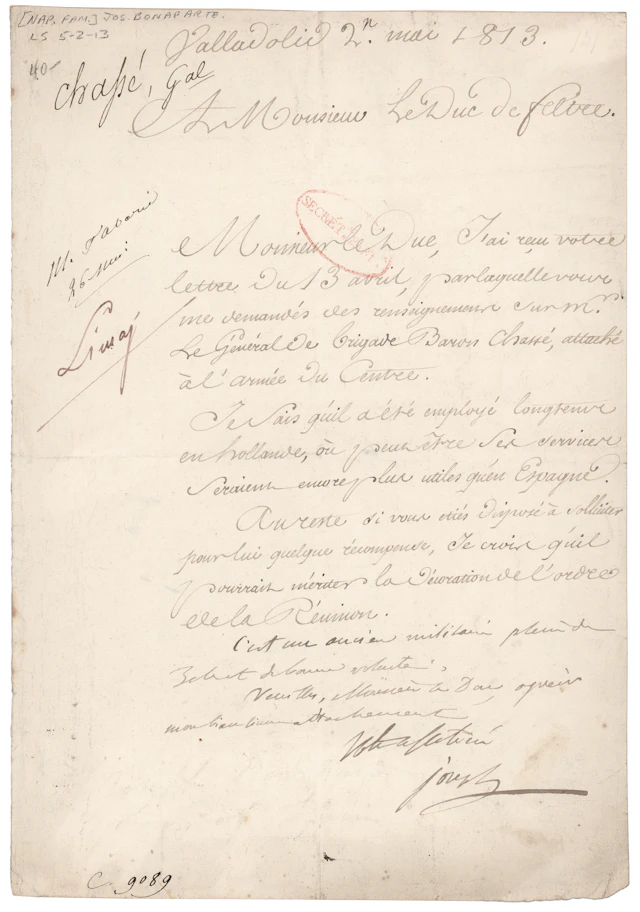 Joseph Bonaparte Letter Signed on General Chassé and the Ordre de