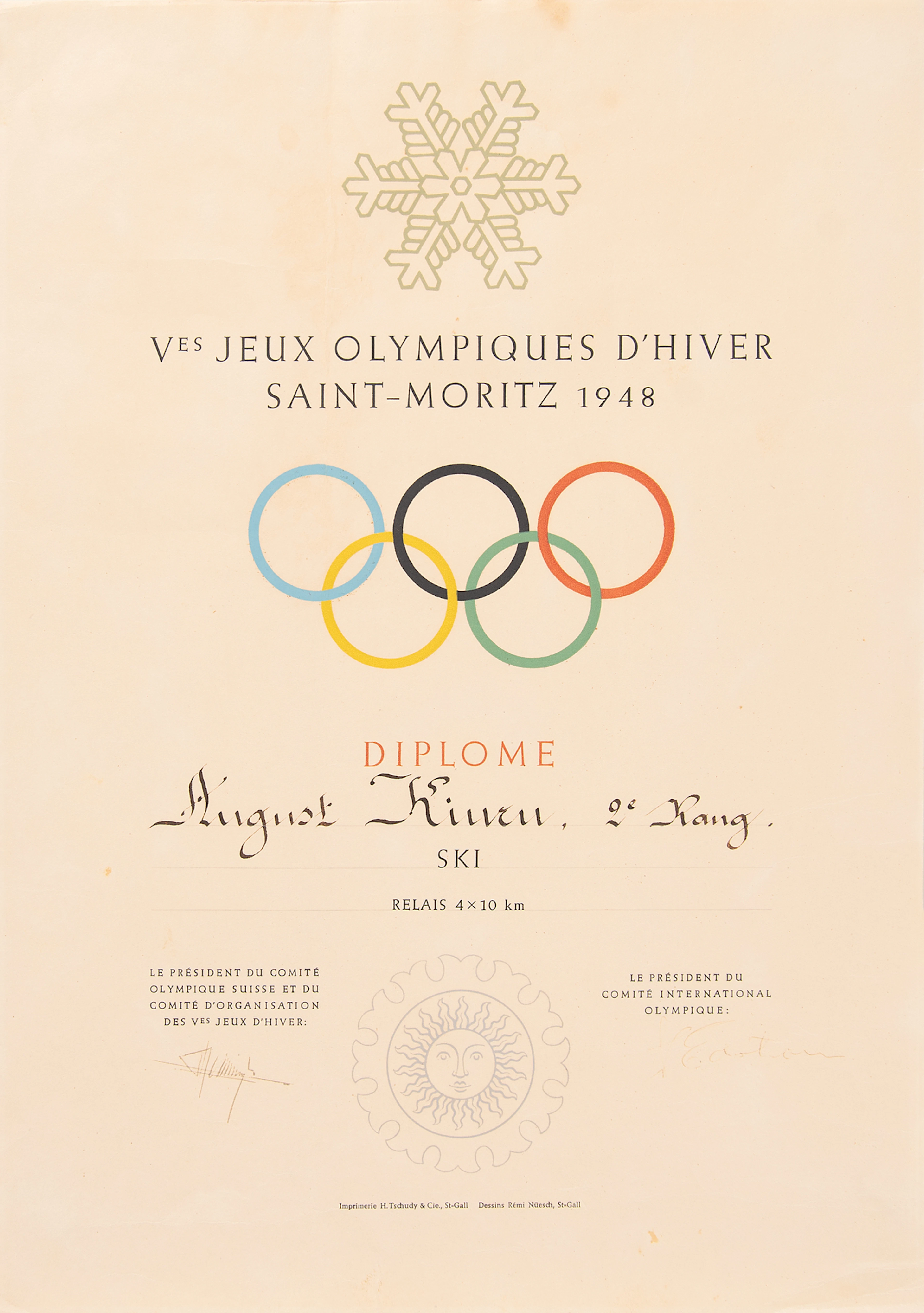 St. Moritz 1948 Winter Olympics Silver Medal Winner's Diploma for
