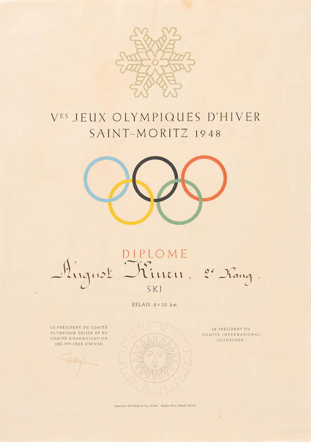 St. Moritz 1948 Winter Olympics Silver Medal Winner's Diploma for